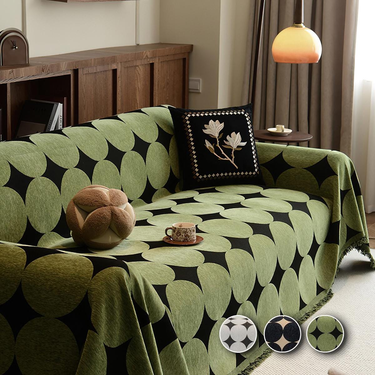 Mid-Century Geometric Sofacover, Retro Chunky Chenille Polka Dot Sofa Throw