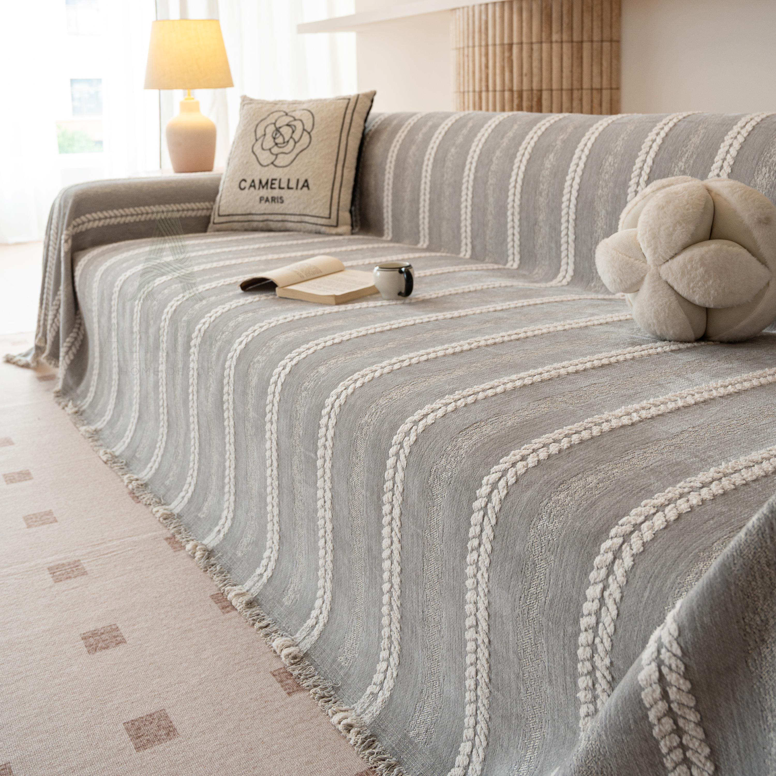 Boho Chenille Sofa Throw Blanket, Tufted Striped Couch Cover, Tassel Furniture Protector