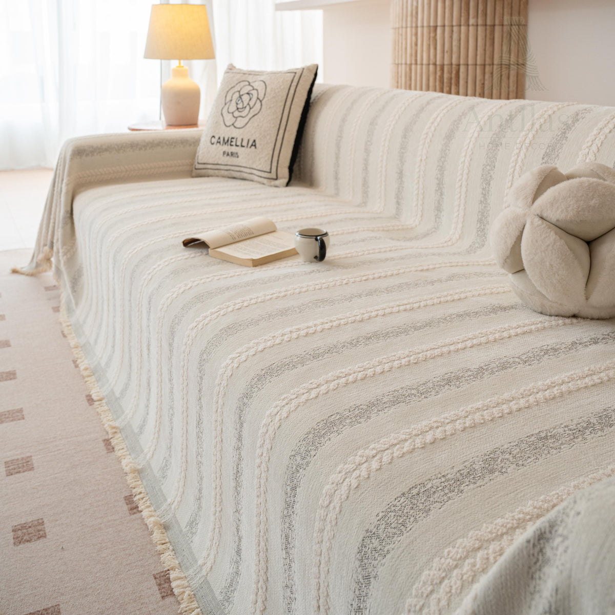 Boho Chenille Sofa Throw Blanket, Tufted Striped Couch Cover, Tassel Furniture Protector
