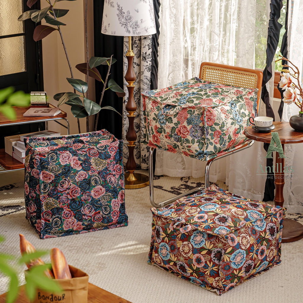 Retro Square Pouffe Cover, Bohemian Woven Ottoman, Storage Footstool, Handle, Non-Slip Base