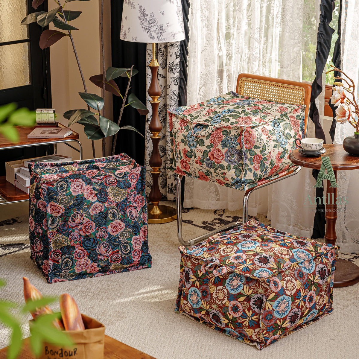 Retro Square Pouffe Cover, Bohemian Woven Ottoman, Storage Footstool, Handle, Non-Slip Base