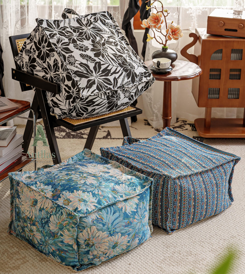 Retro Square Pouffe Cover, Bohemian Woven Ottoman, Storage Footstool, Handle, Non-Slip Base