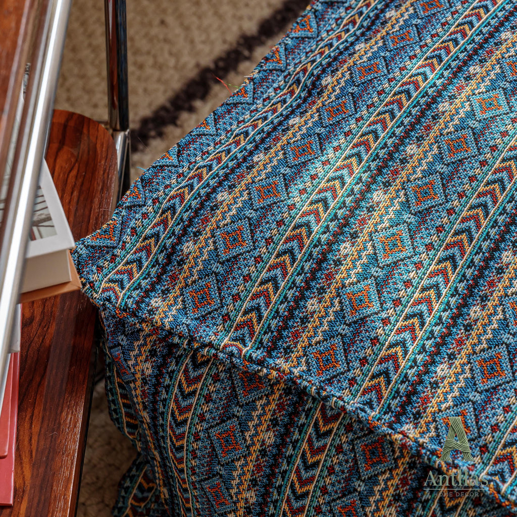 Retro Square Pouffe Cover, Bohemian Woven Ottoman, Storage Footstool, Handle, Non-Slip Base