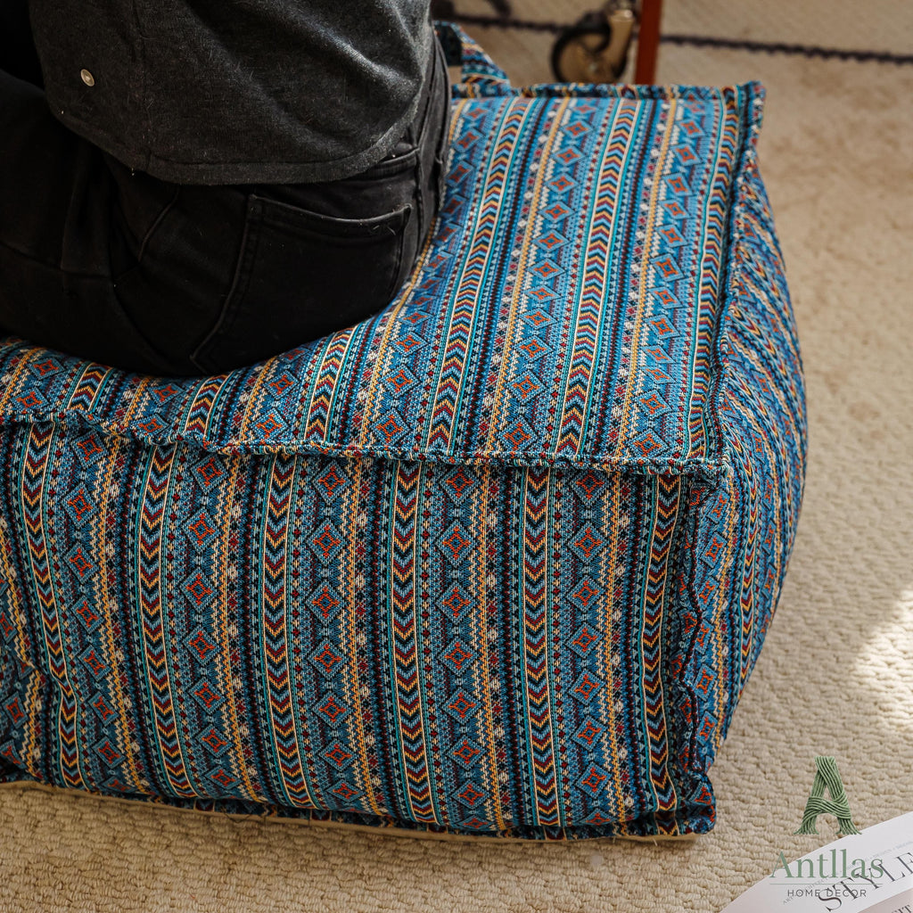 Retro Square Pouffe Cover, Bohemian Woven Ottoman, Storage Footstool, Handle, Non-Slip Base