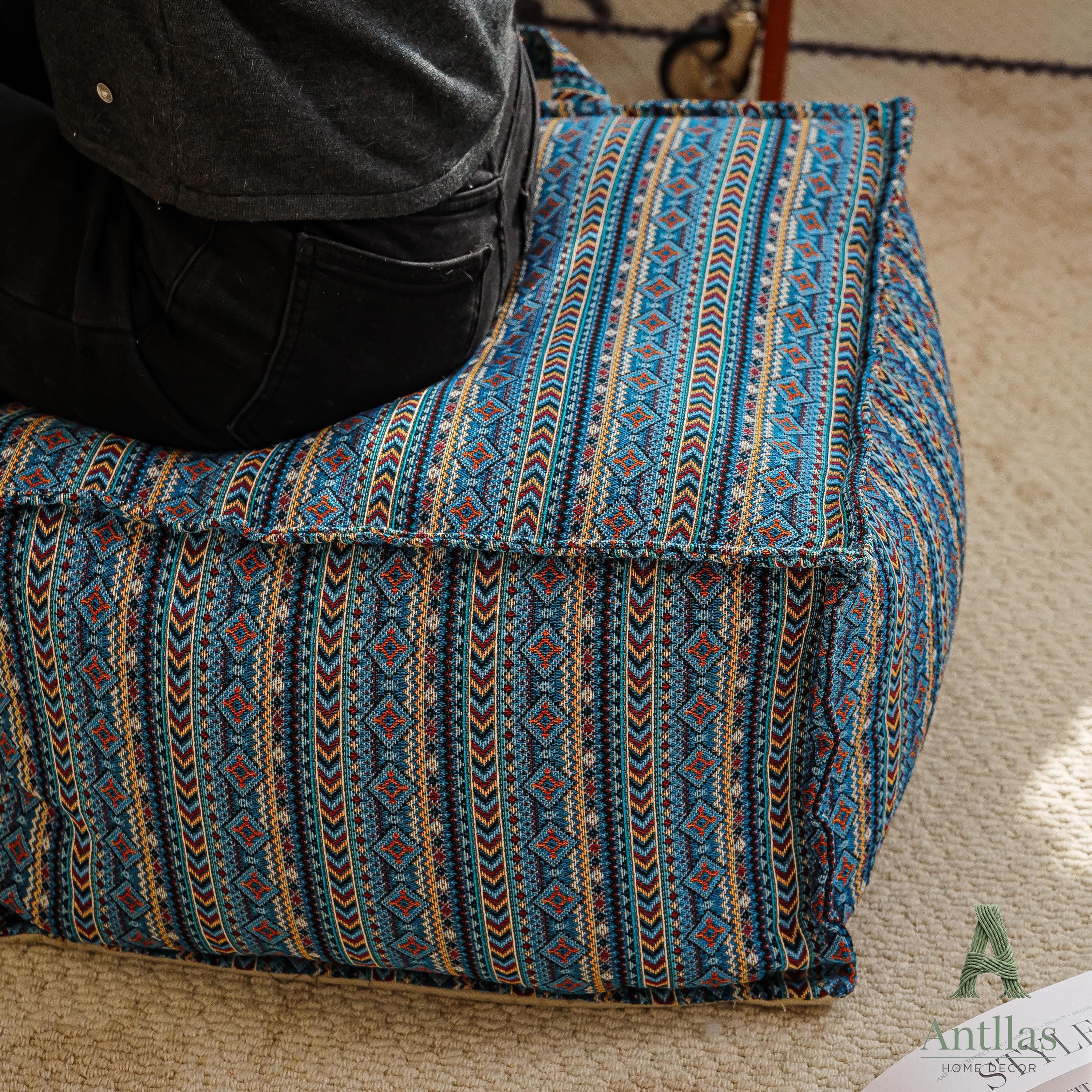 Retro Square Pouffe Cover, Bohemian Woven Ottoman, Storage Footstool, Handle, Non-Slip Base