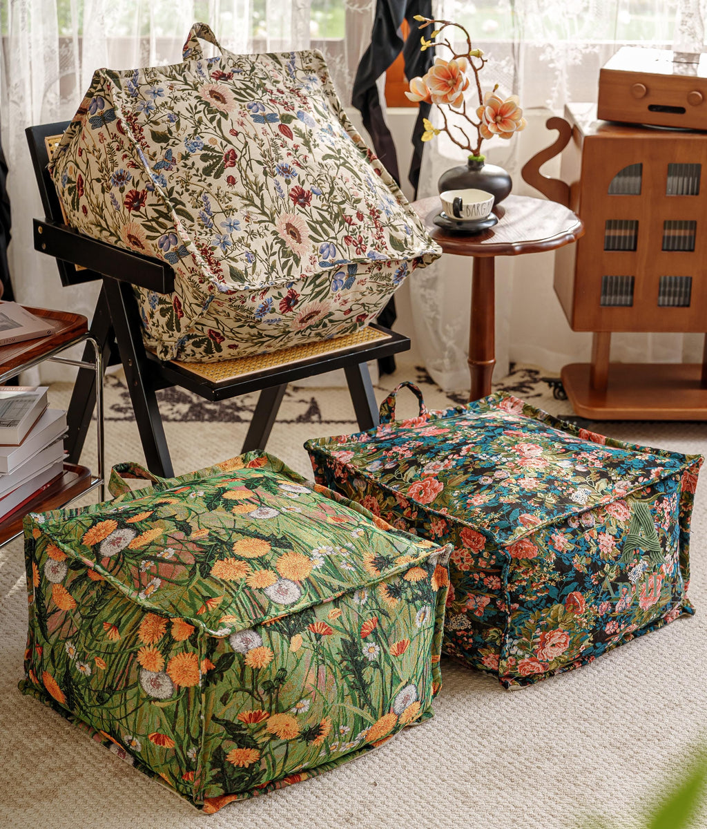 Retro Square Pouffe Cover, Bohemian Woven Ottoman, Storage Footstool, Handle, Non-Slip Base