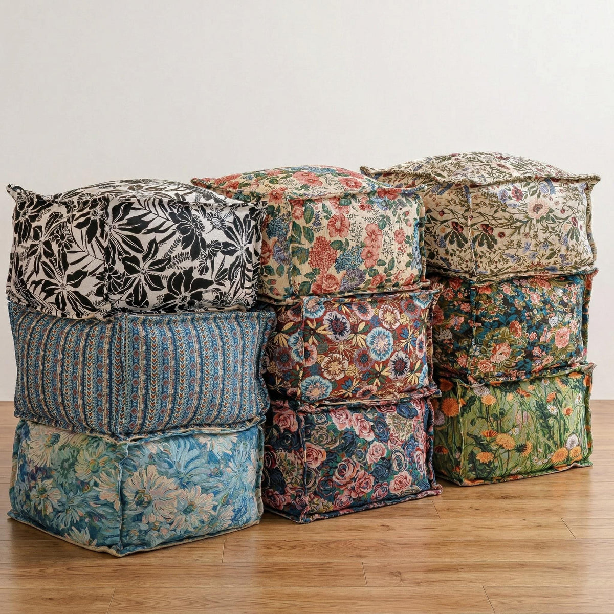Retro Square Pouffe Cover, Bohemian Woven Ottoman, Storage Footstool, Handle, Non-Slip Base