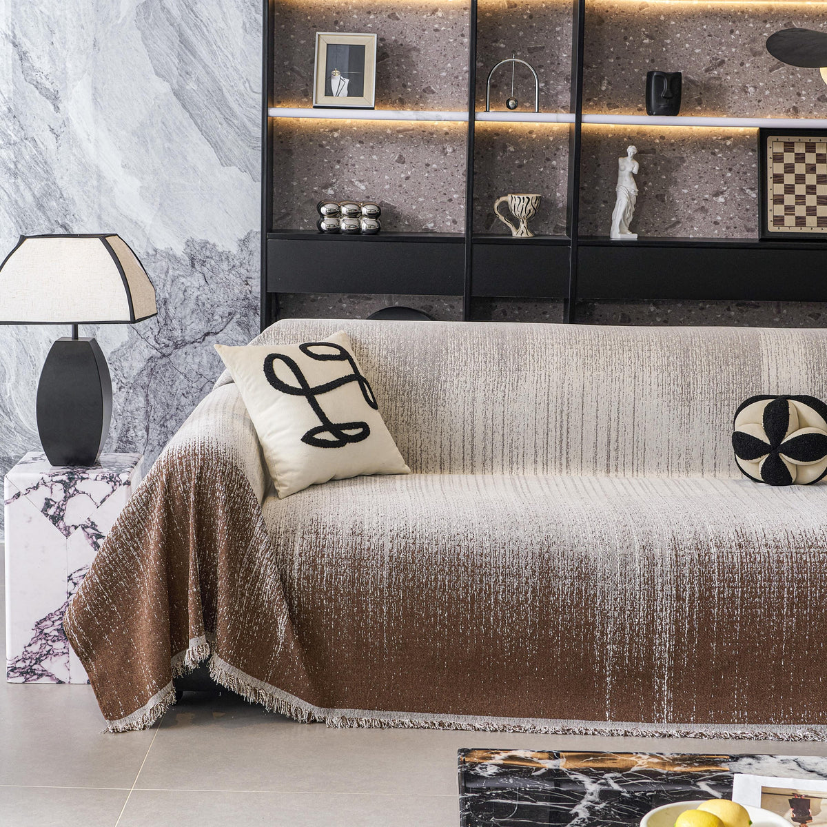 Gradient Chenille Sofa Throw, Heavyweight Couch Cover, Ombre Tassel Furniture Protector