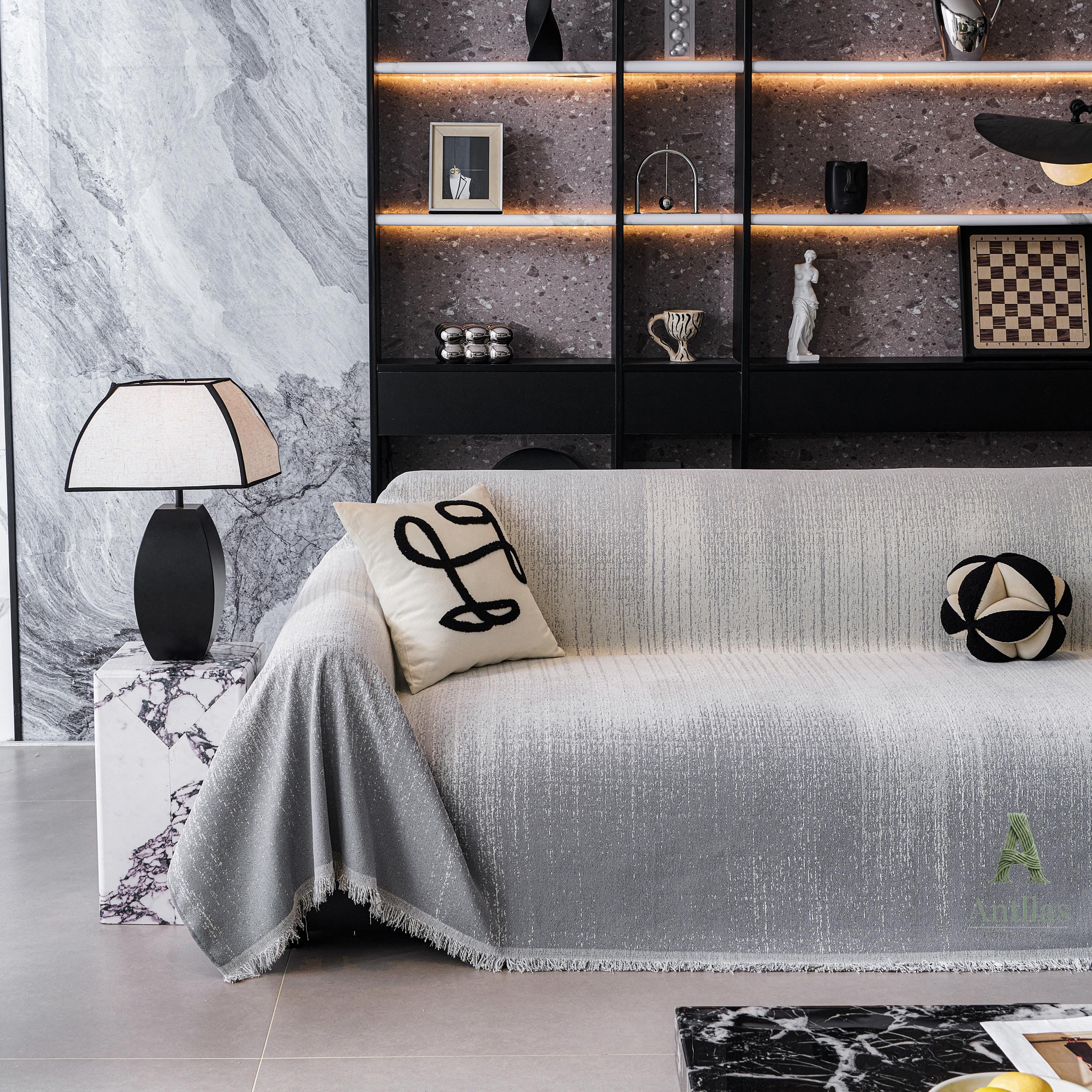 Gradient Chenille Sofa Throw, Heavyweight Couch Cover, Ombre Tassel Furniture Protector