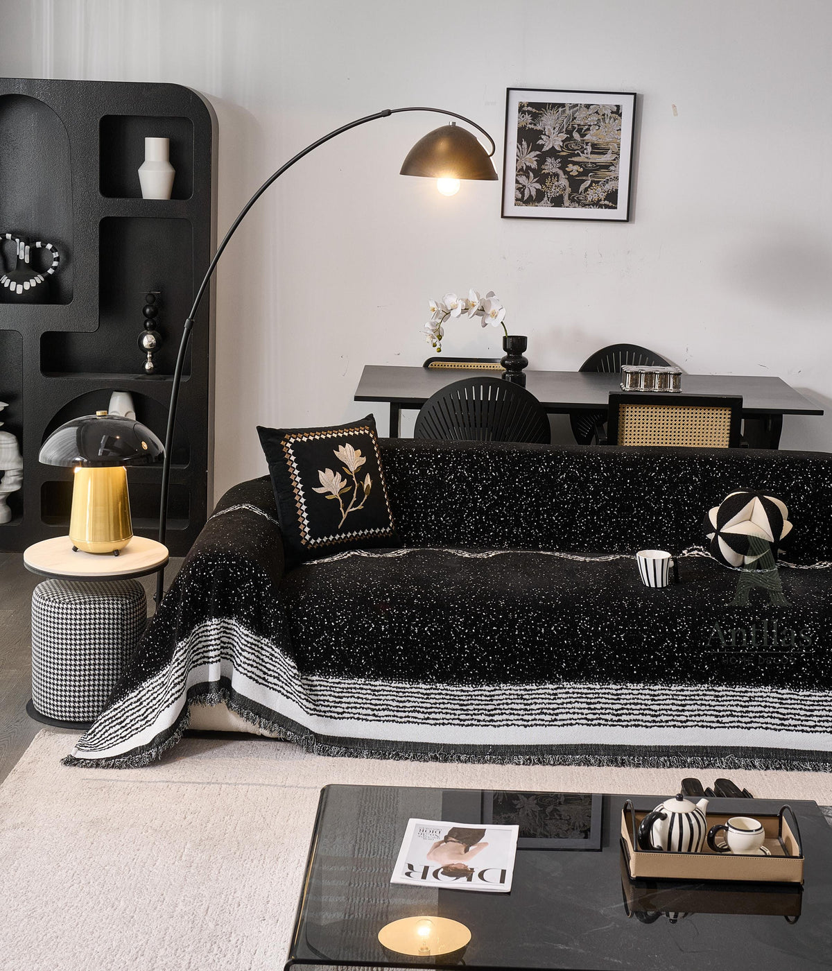 Black White Chenille Sofa Throw, Starry Night Couch Cover, Heavyweight Anti-Pilling Drape