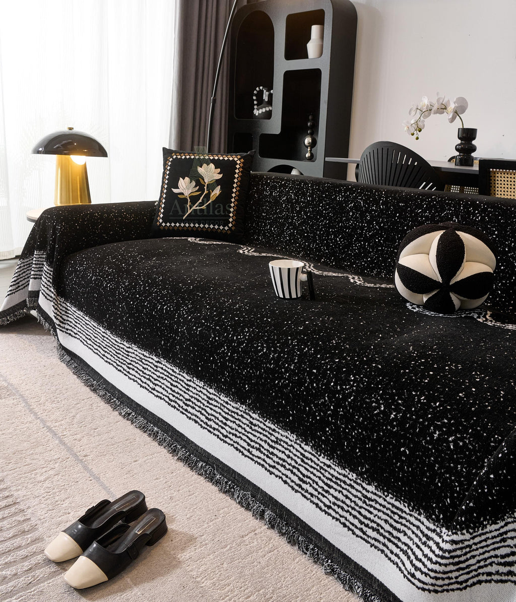 Black White Chenille Sofa Throw, Starry Night Couch Cover, Heavyweight Anti-Pilling Drape