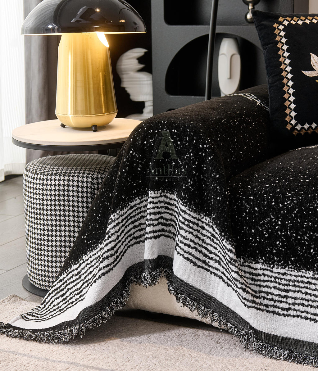 Black White Chenille Sofa Throw, Starry Night Couch Cover, Heavyweight Anti-Pilling Drape