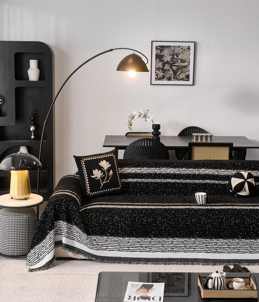 Black White Chenille Sofa Throw, Starry Night Couch Cover, Heavyweight Anti-Pilling Drape