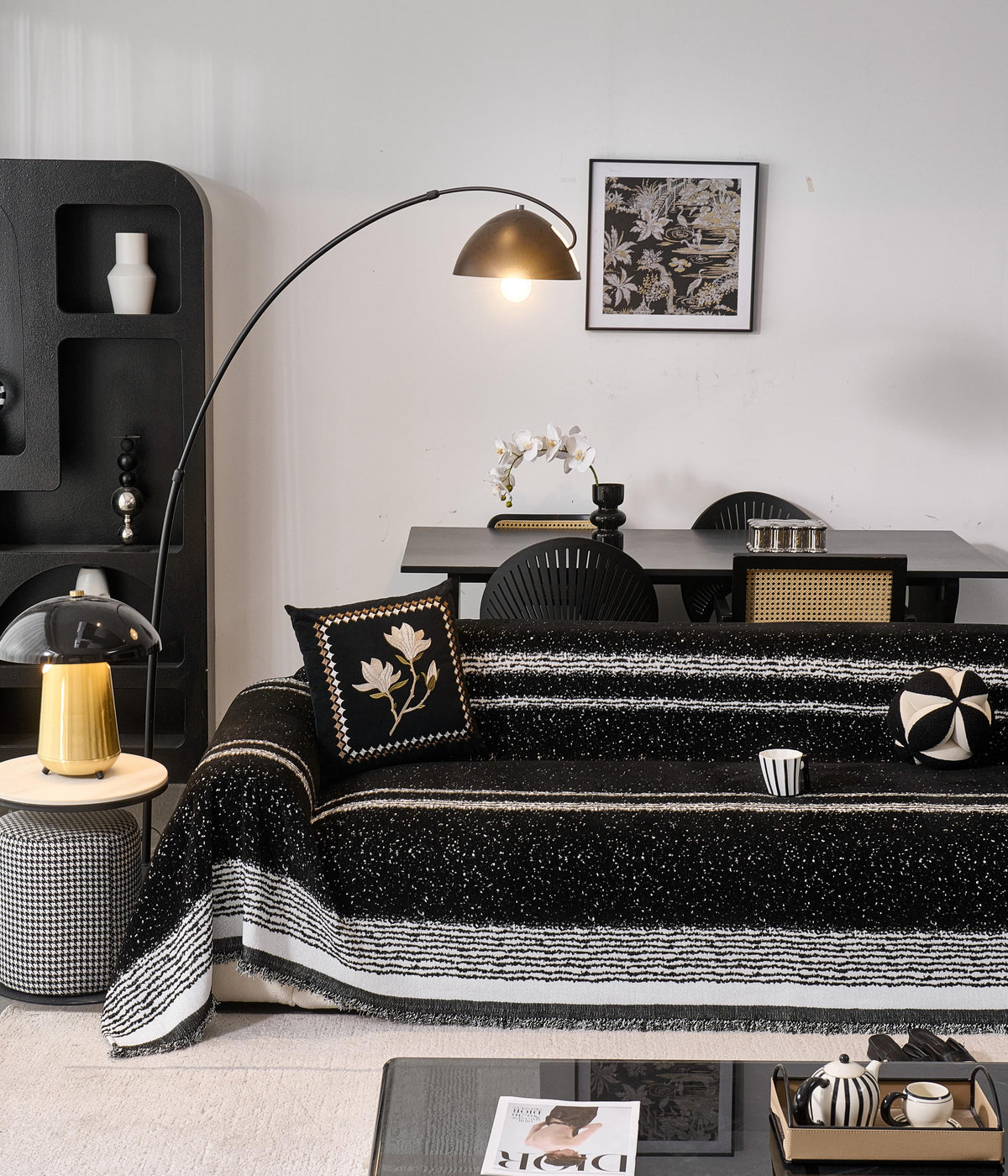 Black White Chenille Sofa Throw, Starry Night Couch Cover, Heavyweight Anti-Pilling Drape