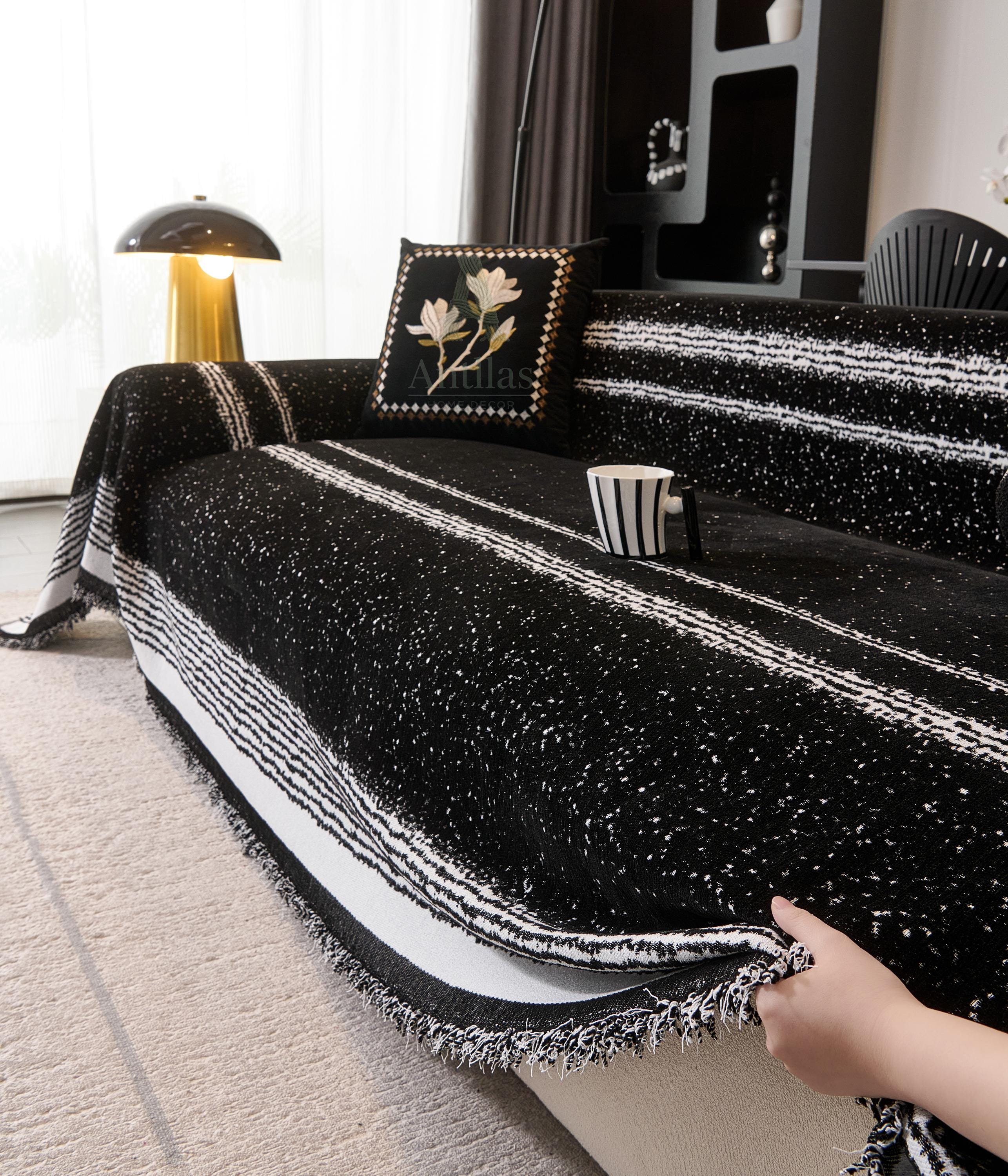 Black White Chenille Sofa Throw, Starry Night Couch Cover, Heavyweight Anti-Pilling Drape