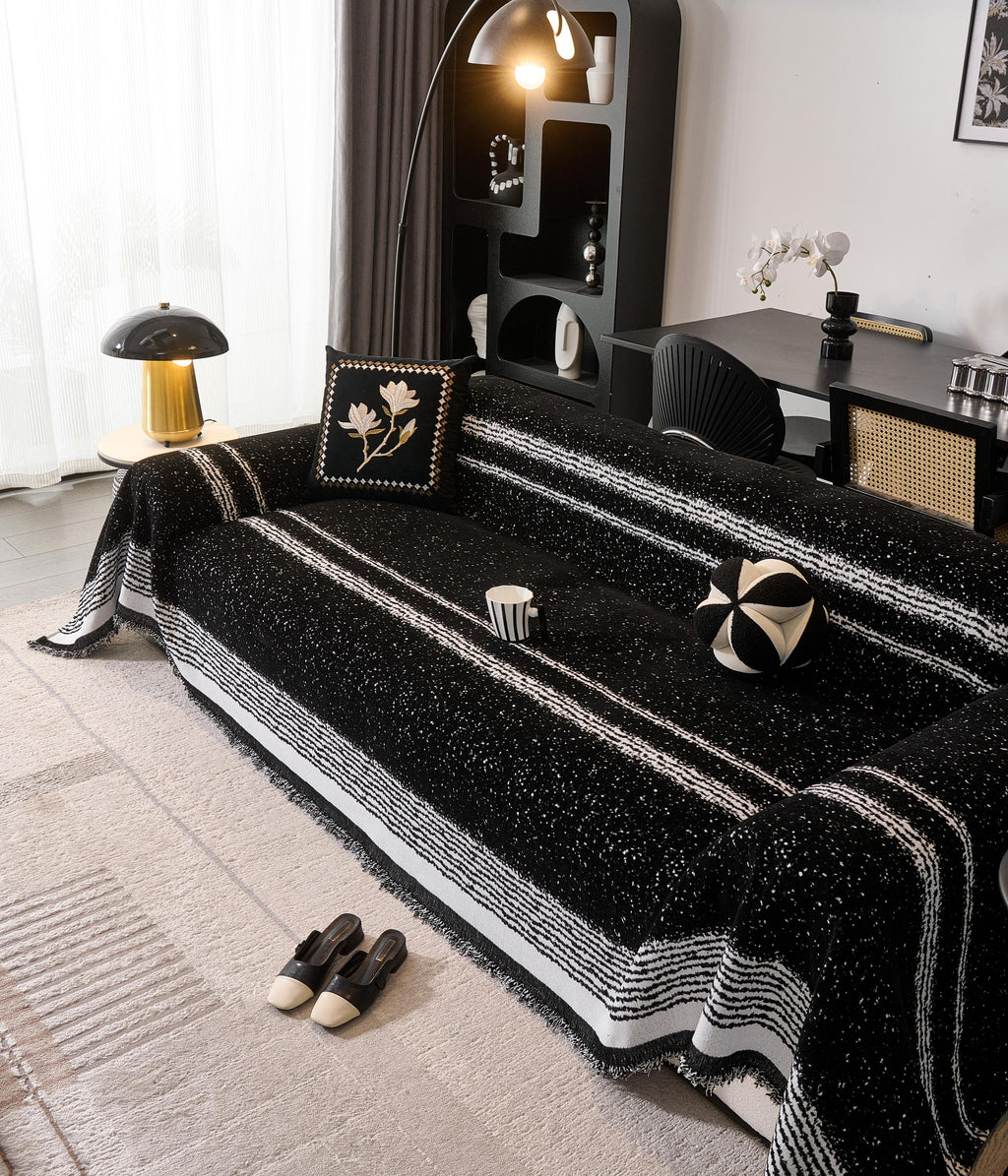 Black White Chenille Sofa Throw, Starry Night Couch Cover, Heavyweight Anti-Pilling Drape