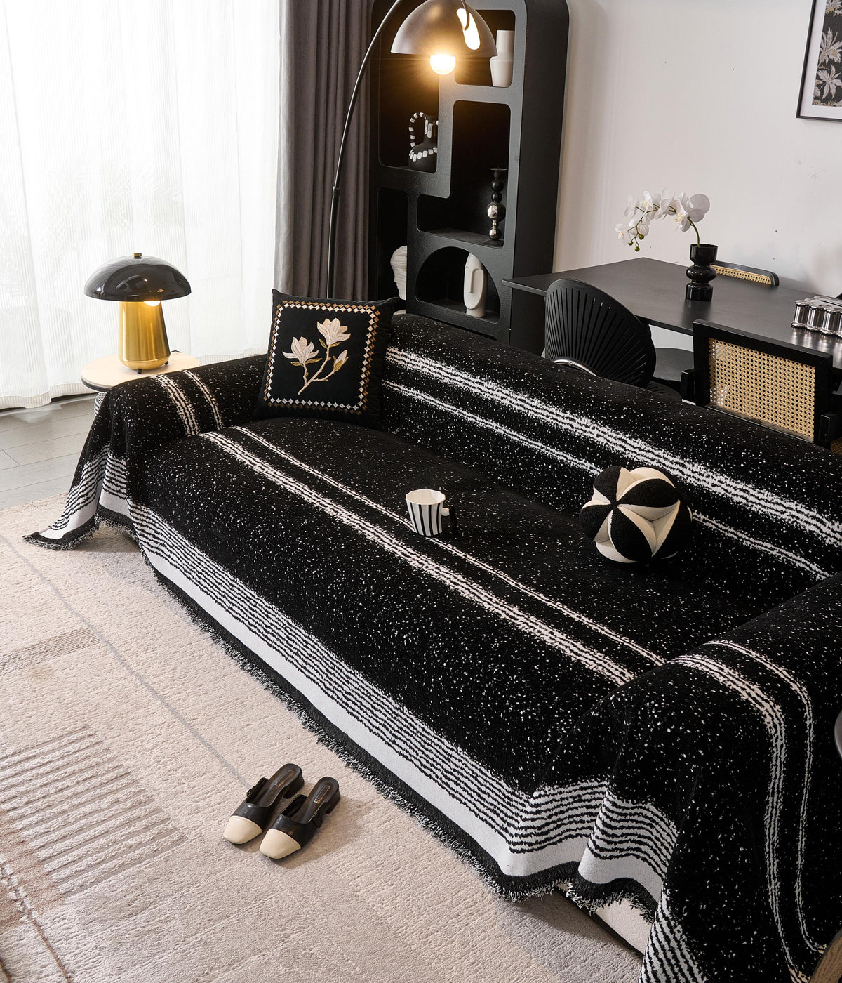 Black White Chenille Sofa Throw, Starry Night Couch Cover, Heavyweight Anti-Pilling Drape