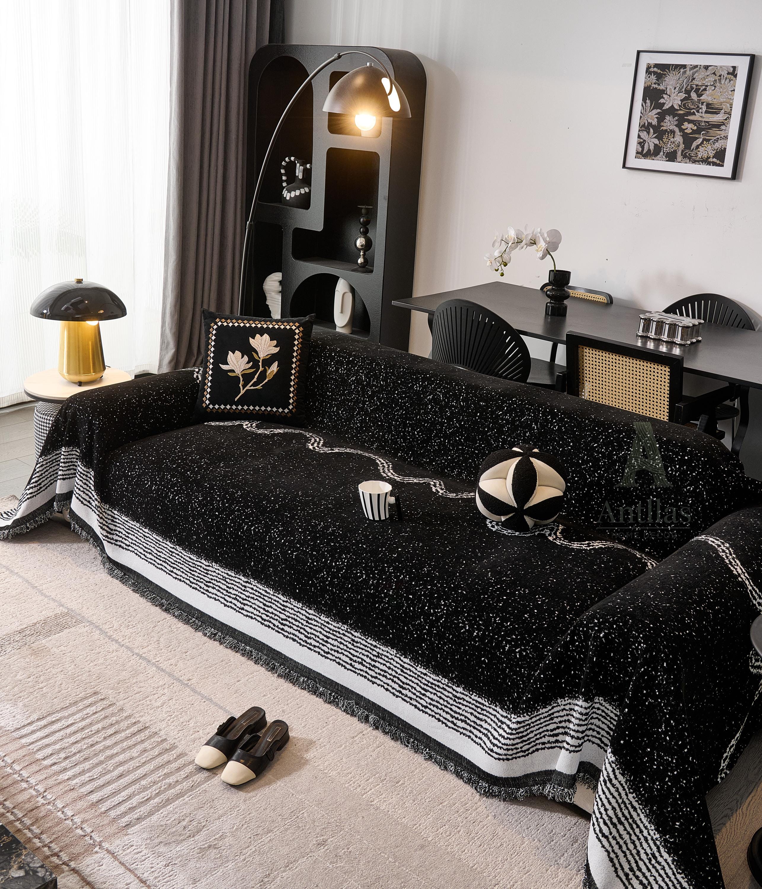 Black White Chenille Sofa Throw, Starry Night Couch Cover, Heavyweight Anti-Pilling Drape