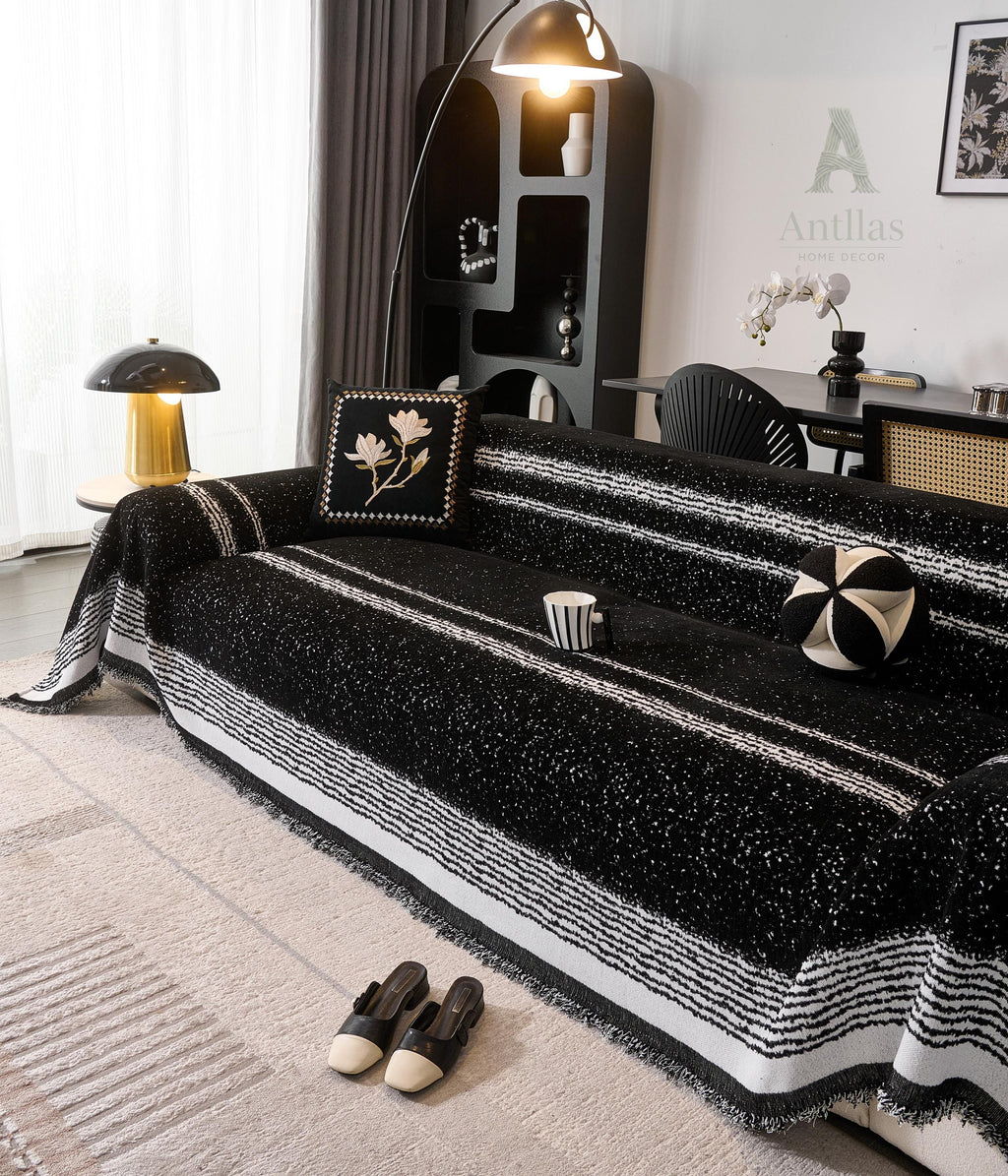 Black White Chenille Sofa Throw, Starry Night Couch Cover, Heavyweight Anti-Pilling Drape