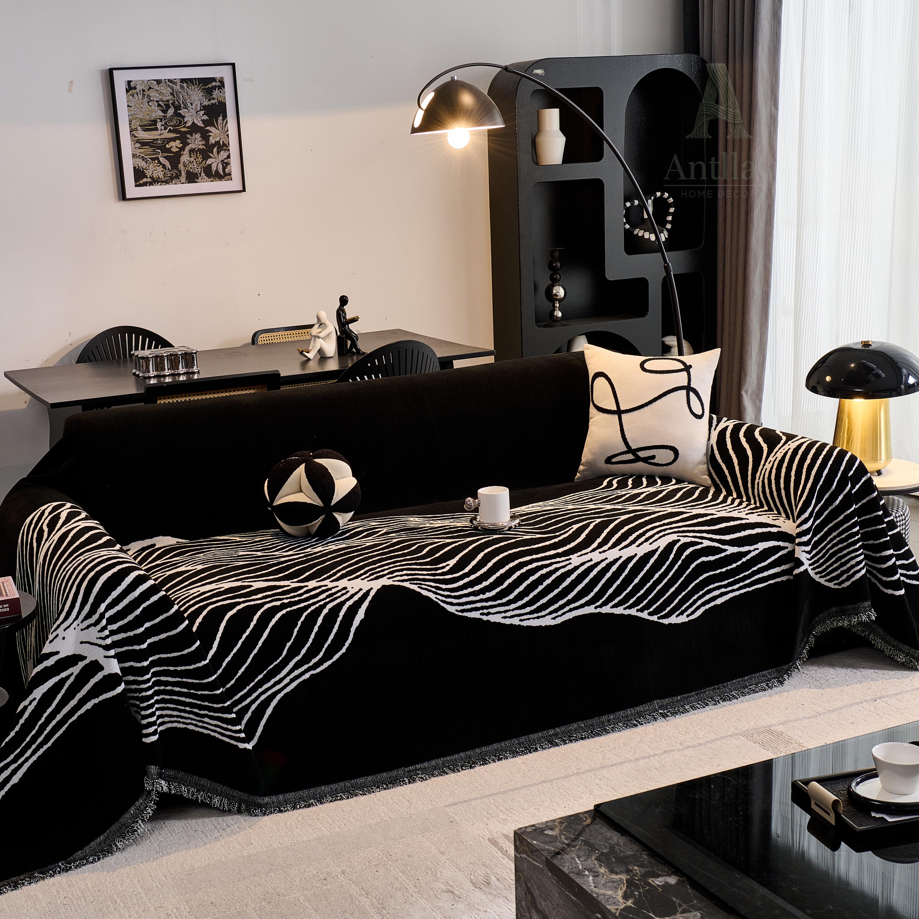 Reversible Chenille Sofa Throw, Abstract Line Woven Blanket, Anti-Pilling Furniture Protector