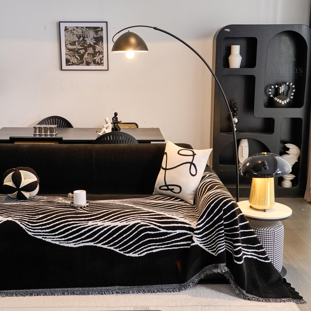 Reversible Chenille Sofa Throw, Abstract Line Woven Blanket, Anti-Pilling Furniture Protector