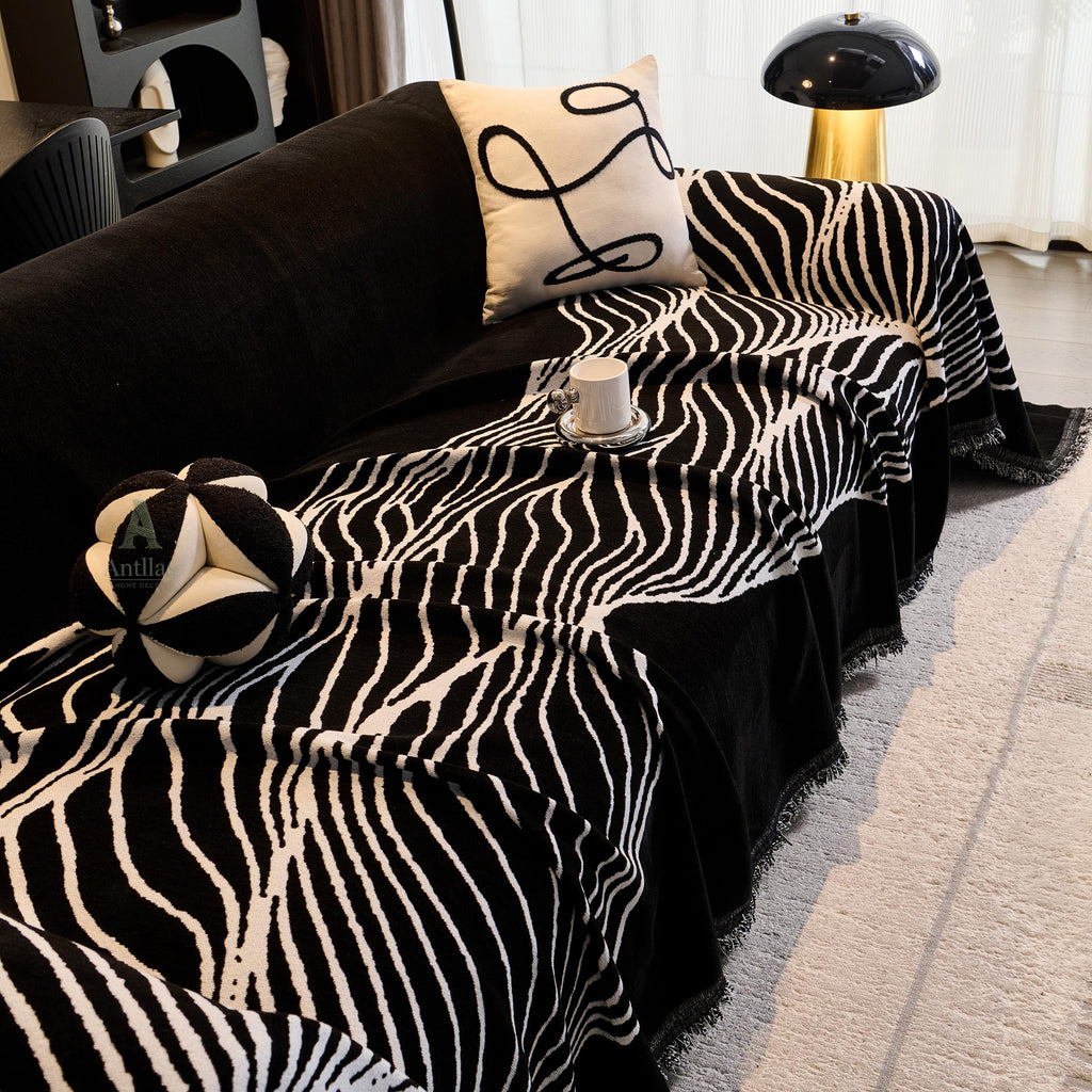 Reversible Chenille Sofa Throw, Abstract Line Woven Blanket, Anti-Pilling Furniture Protector