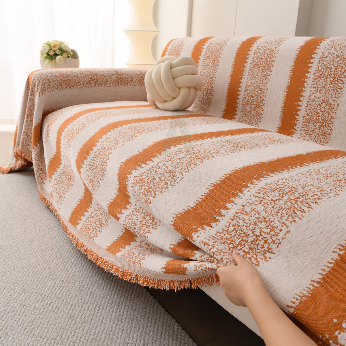 Heavyweight Chenille Sofa Throw Blanket, Striped Couch Protector, Pet Friendly Tassel Drape