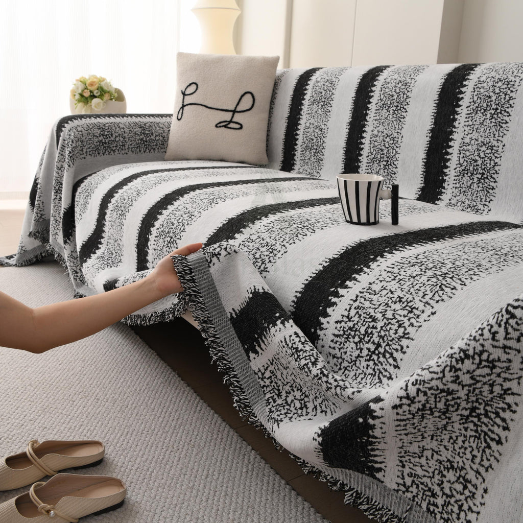Heavyweight Chenille Sofa Throw Blanket, Striped Couch Protector, Pet Friendly Tassel Drape