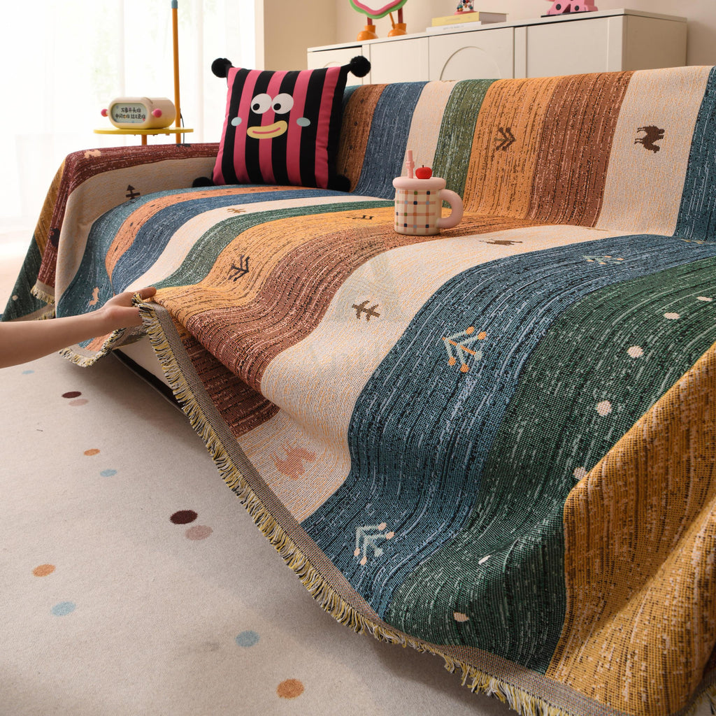 Heavyweight Chenille Sofa Throw, Boho Patchwork Couch Cover, Pet Friendly Furniture Protector