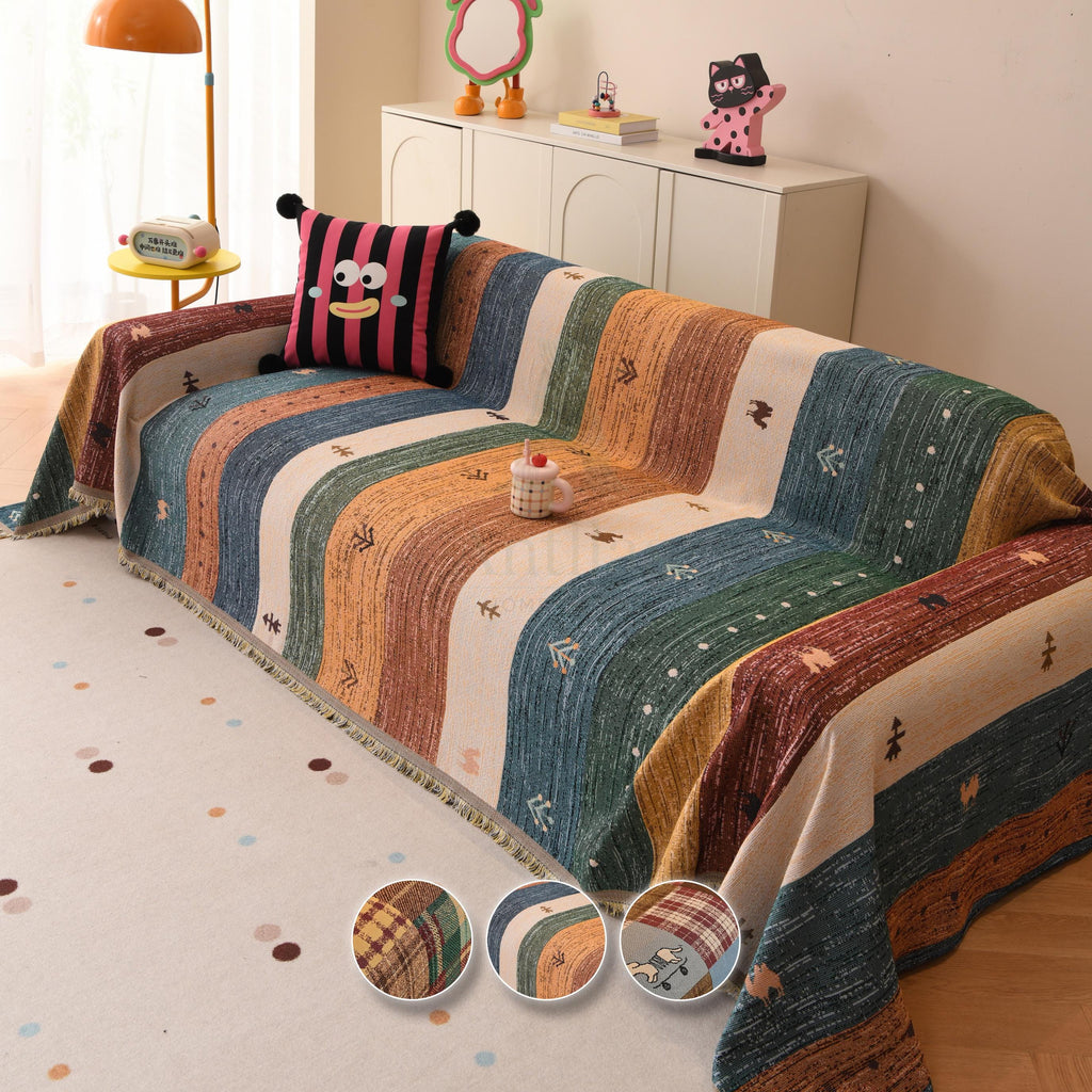 Heavyweight Chenille Sofa Throw, Boho Patchwork Couch Cover, Pet Friendly Furniture Protector