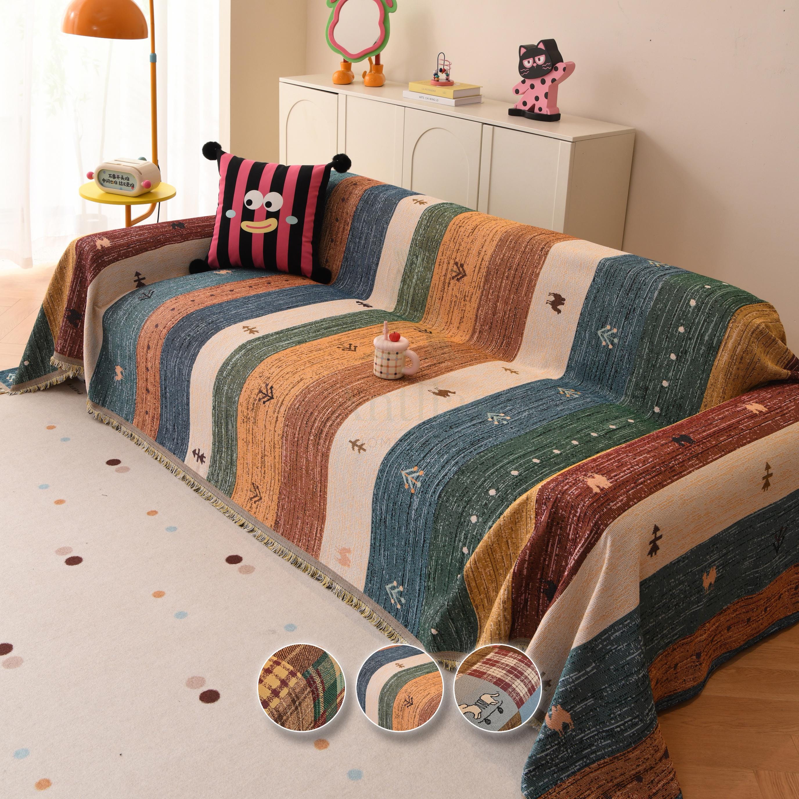 Heavyweight Chenille Sofa Throw, Boho Patchwork Couch Cover, Pet Friendly Furniture Protector