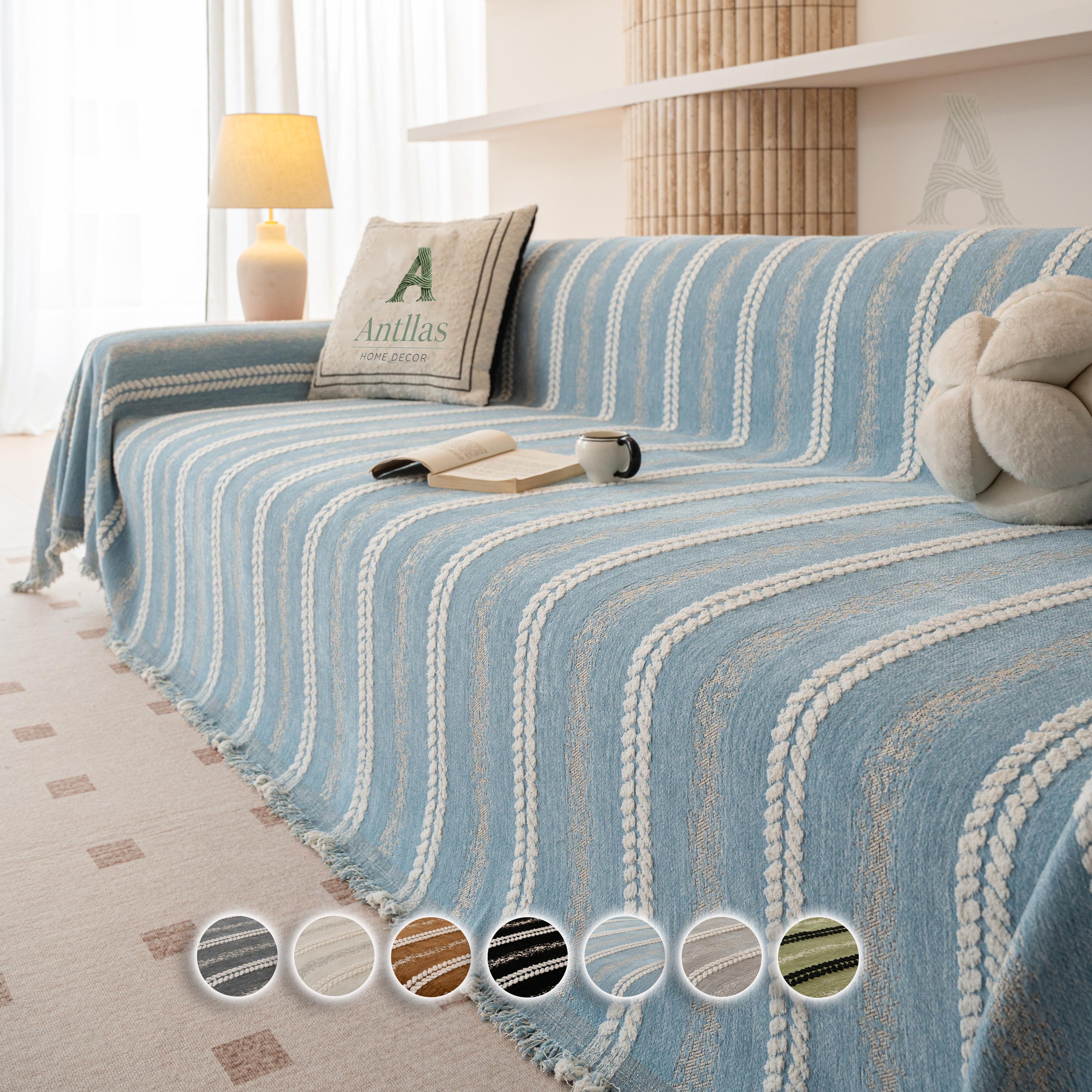 Boho Chenille Sofa Throw Blanket, Tufted Striped Couch Cover, Tassel Furniture Protector