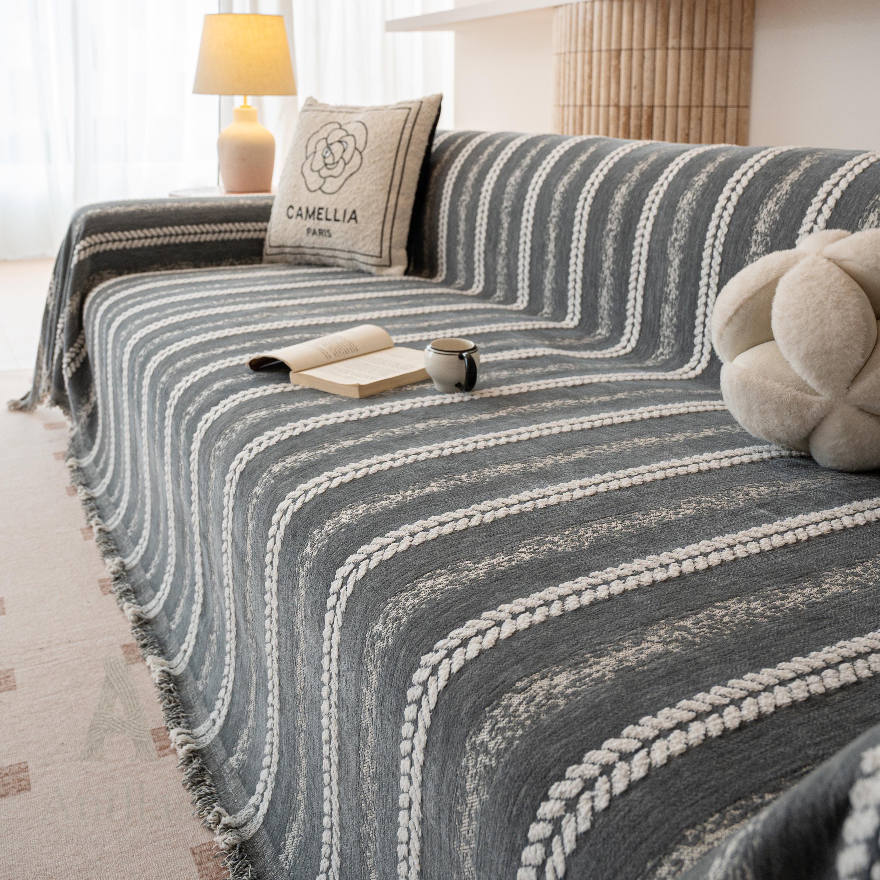 Boho Chenille Sofa Throw Blanket, Tufted Striped Couch Cover, Tassel Furniture Protector