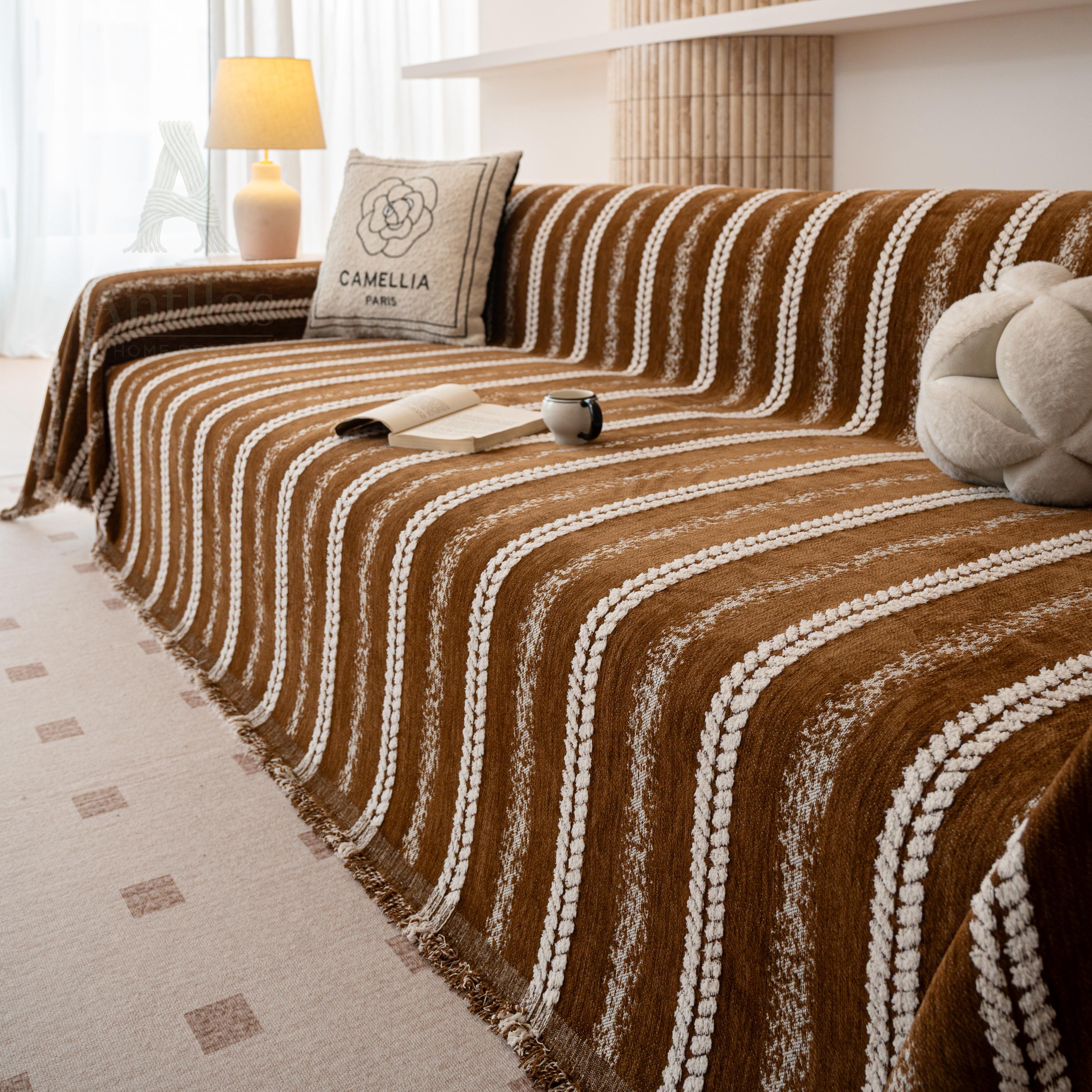 Boho Chenille Sofa Throw Blanket, Tufted Striped Couch Cover, Tassel Furniture Protector