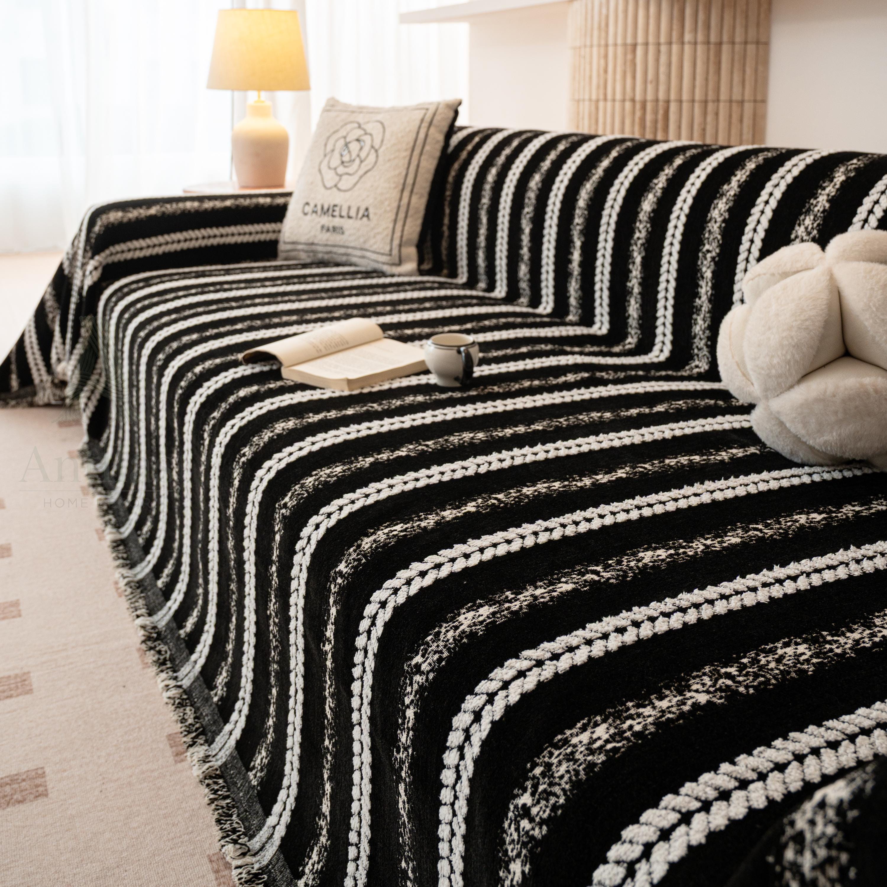 Boho Chenille Sofa Throw Blanket, Tufted Striped Couch Cover, Tassel Furniture Protector