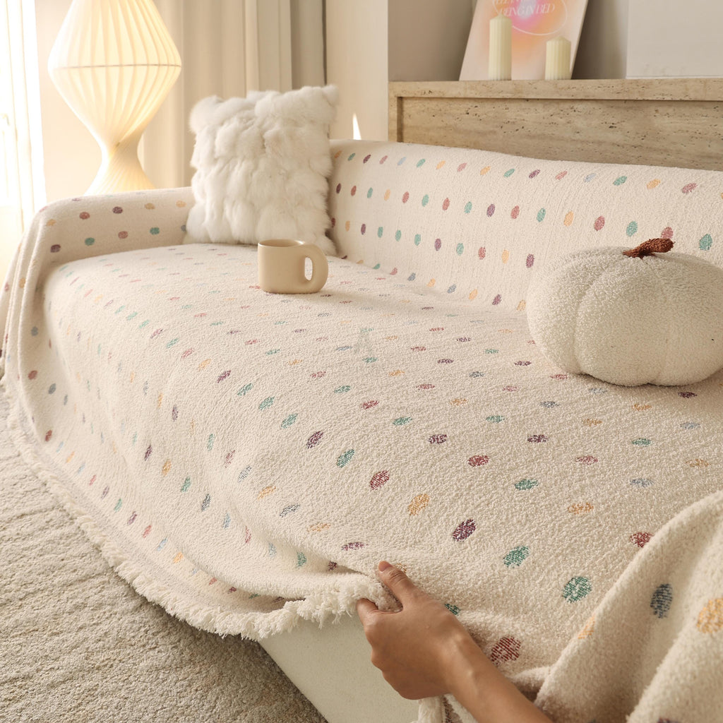 Heavyweight Chenille Sofa Throw, Colorful Polka Dot Couch Cover, Pet Proof Blanket