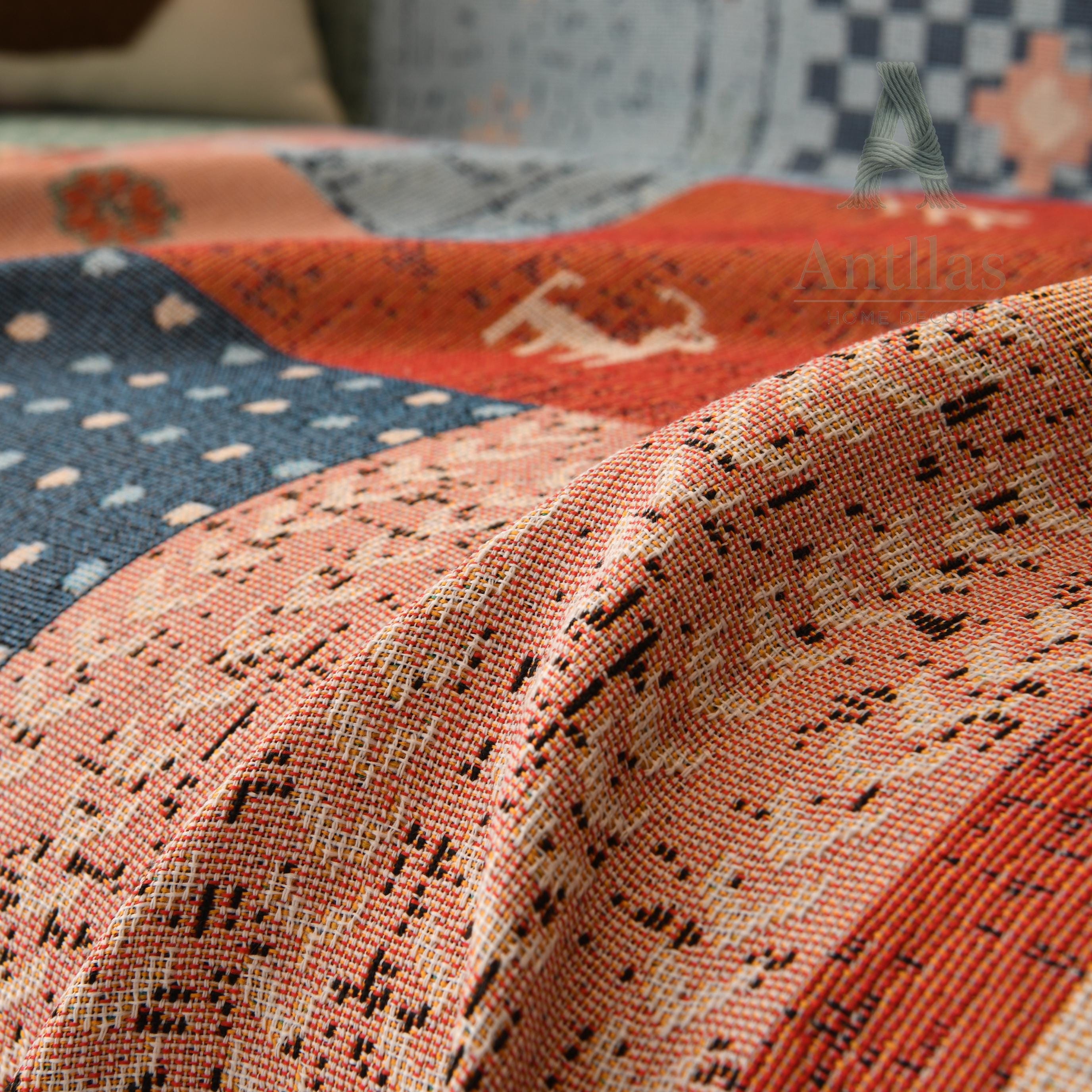 Boho Aztec Chenille Throw, Geometric Patchwork Couch Blanket, Heavyweight Pet Proof Furniture Protector