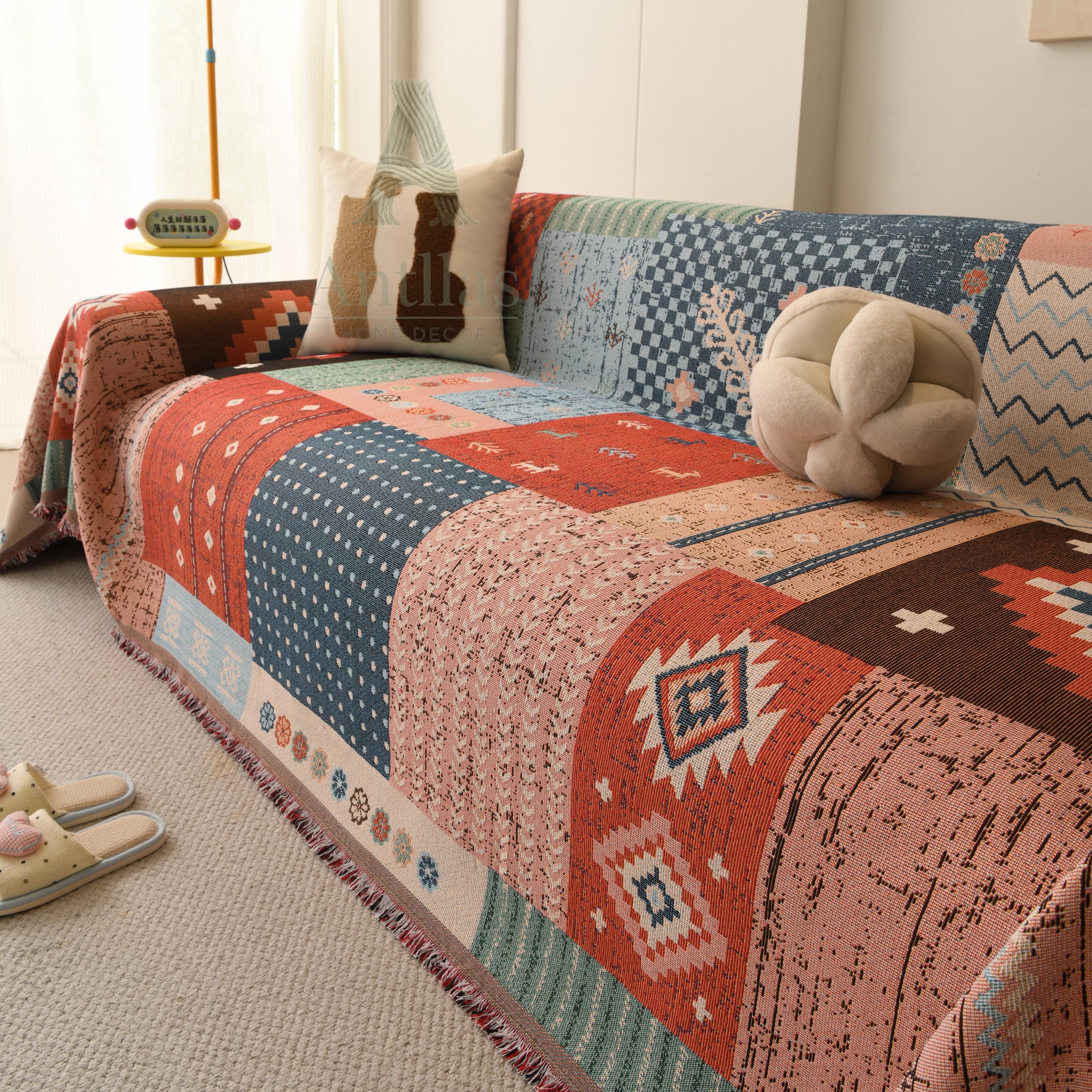 Boho Aztec Chenille Throw, Geometric Patchwork Couch Blanket, Heavyweight Pet Proof Furniture Protector