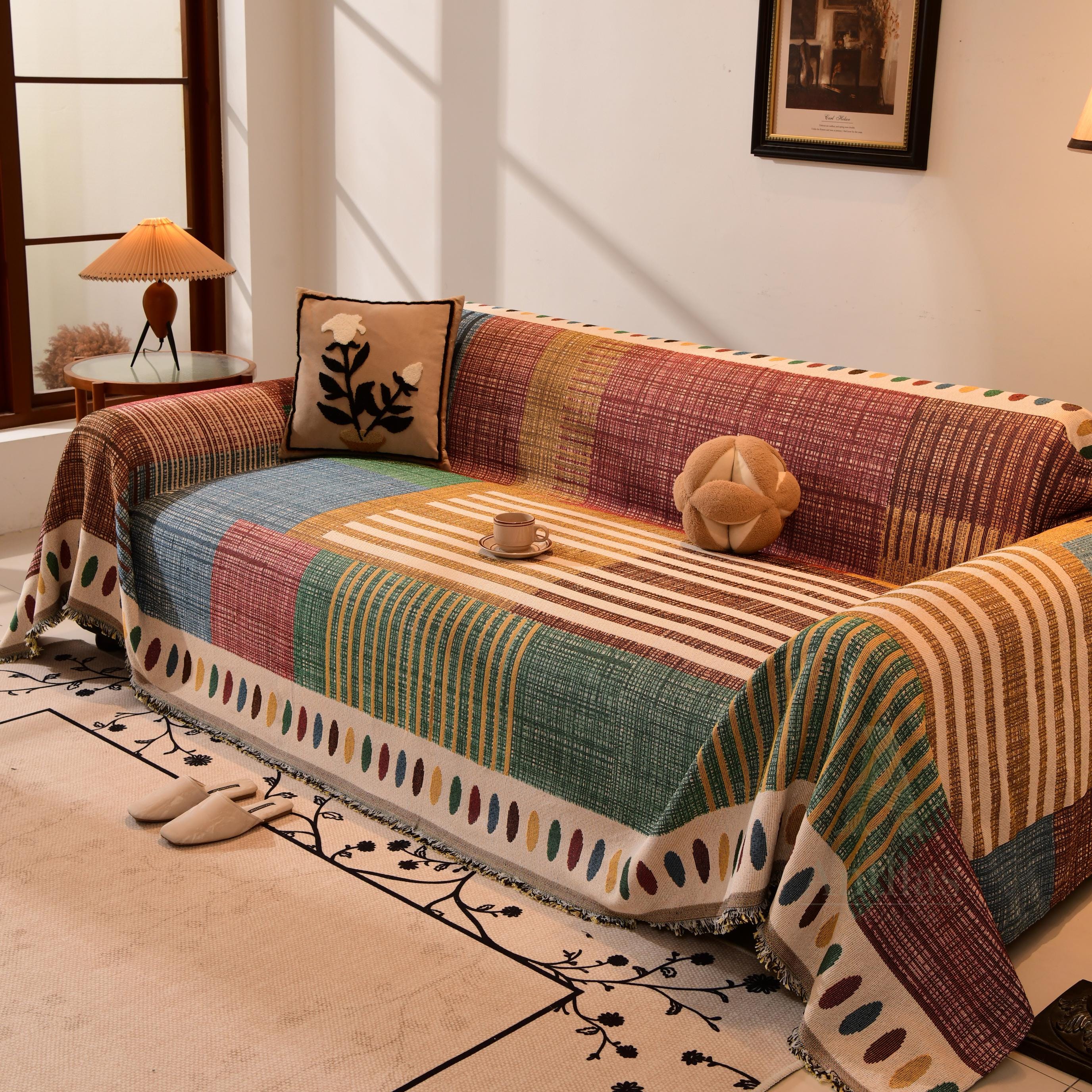 Boho Chenille Sofa Throw, Patchwork Couch Cover, Heavy Blanket, Pet Friendly, Anti Pilling Drape