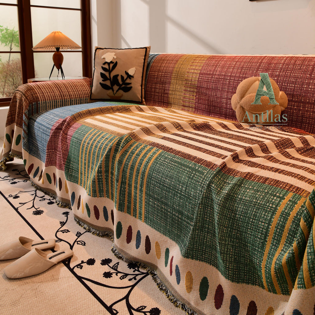 Boho Chenille Sofa Throw, Patchwork Couch Cover, Heavy Blanket, Pet Friendly, Anti Pilling Drape