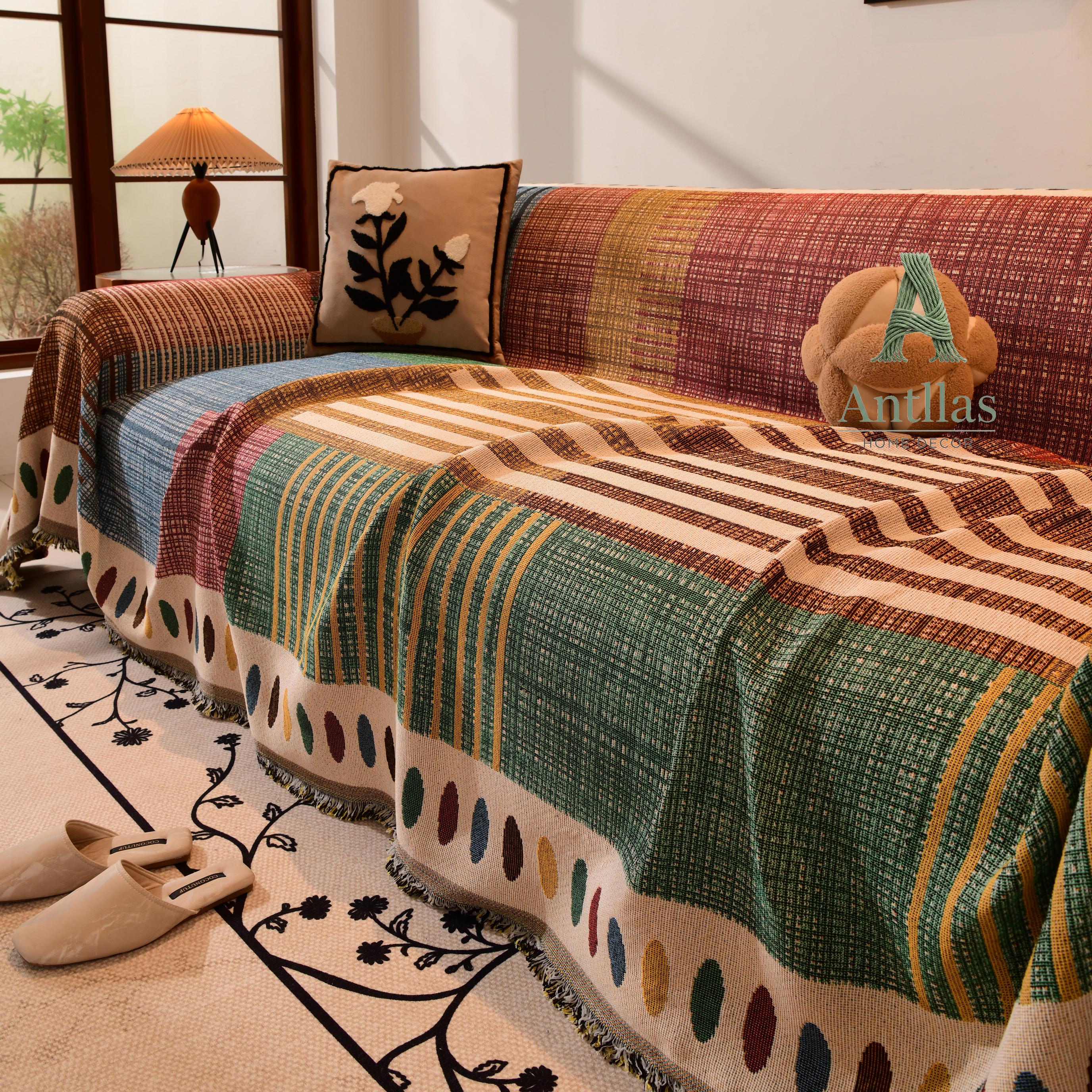 Boho Chenille Sofa Throw, Patchwork Couch Cover, Heavy Blanket, Pet Friendly, Anti Pilling Drape