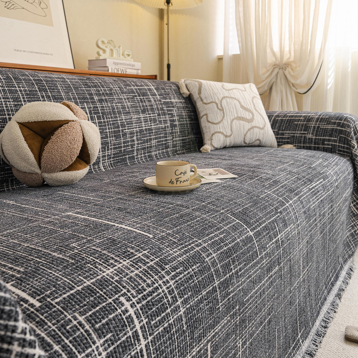 Abstract Line Art Chenille Sofa Throw, Cozy Woven Couch Cover, Romantic Gift