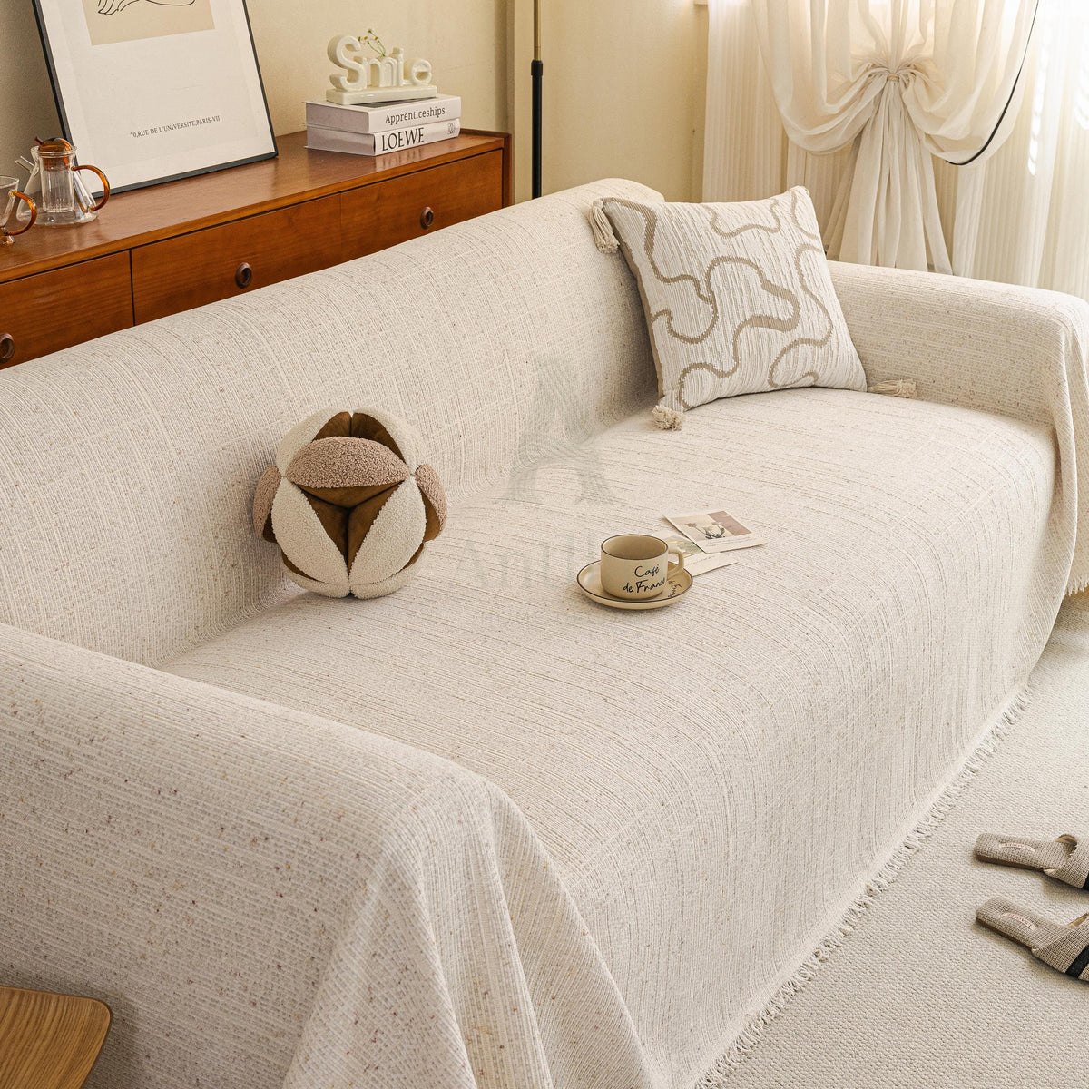 Abstract Line Art Chenille Sofa Throw, Cozy Woven Couch Cover, Romantic Gift