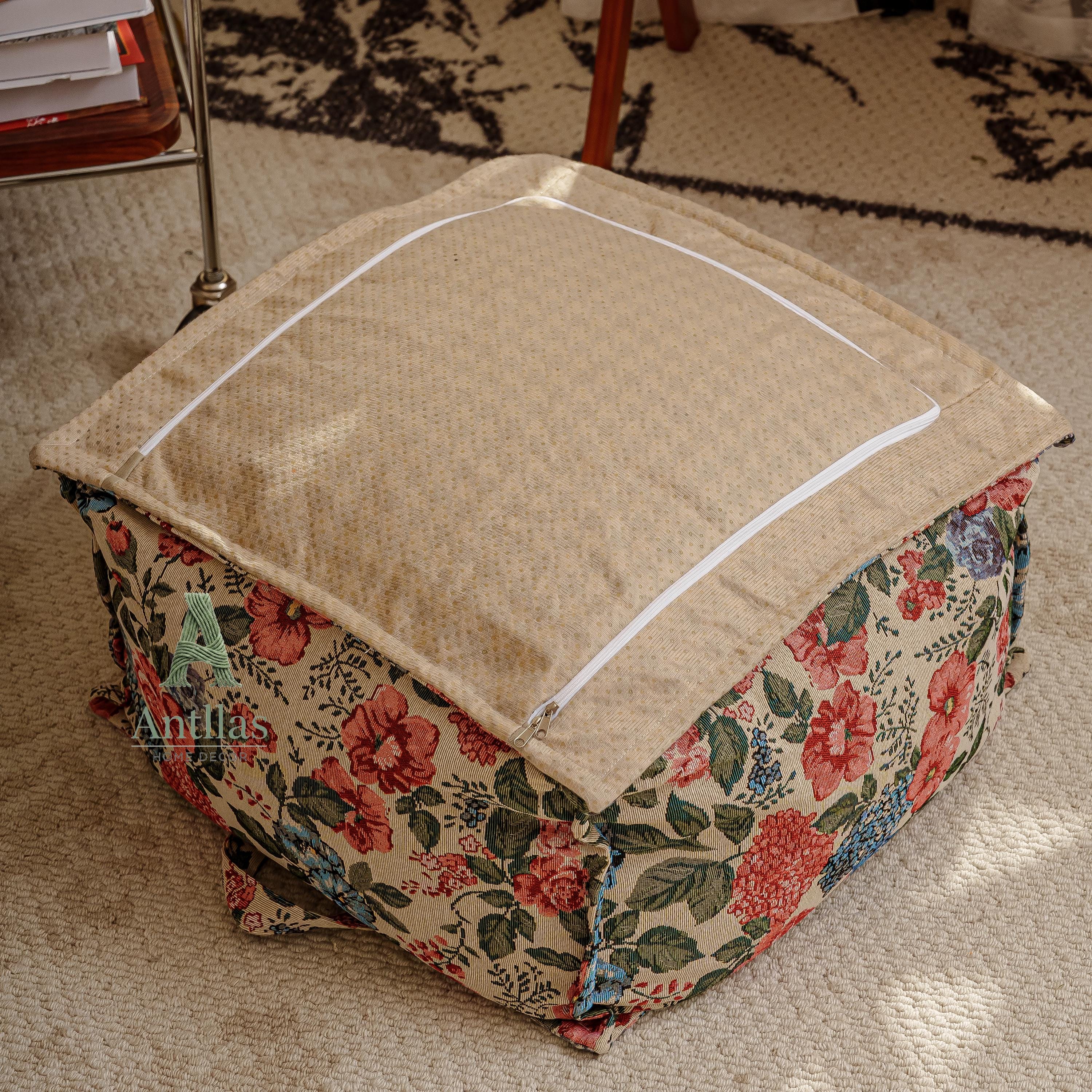 Retro Square Pouffe Cover, Bohemian Woven Ottoman, Storage Footstool, Handle, Non-Slip Base