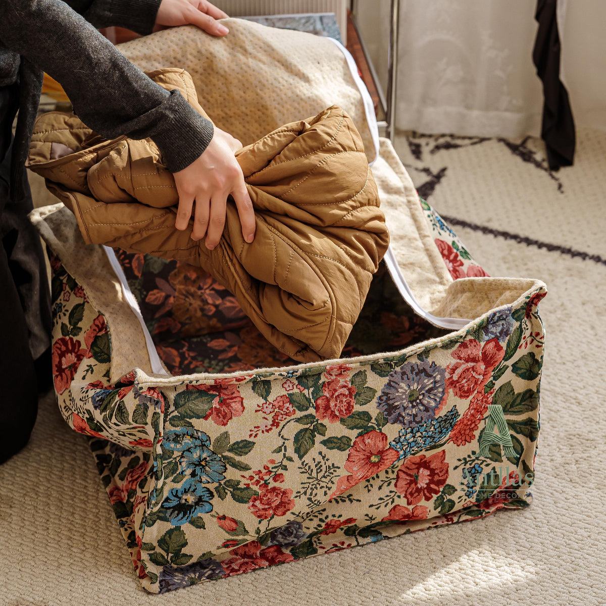 Retro Square Pouffe Cover, Bohemian Woven Ottoman, Storage Footstool, Handle, Non-Slip Base