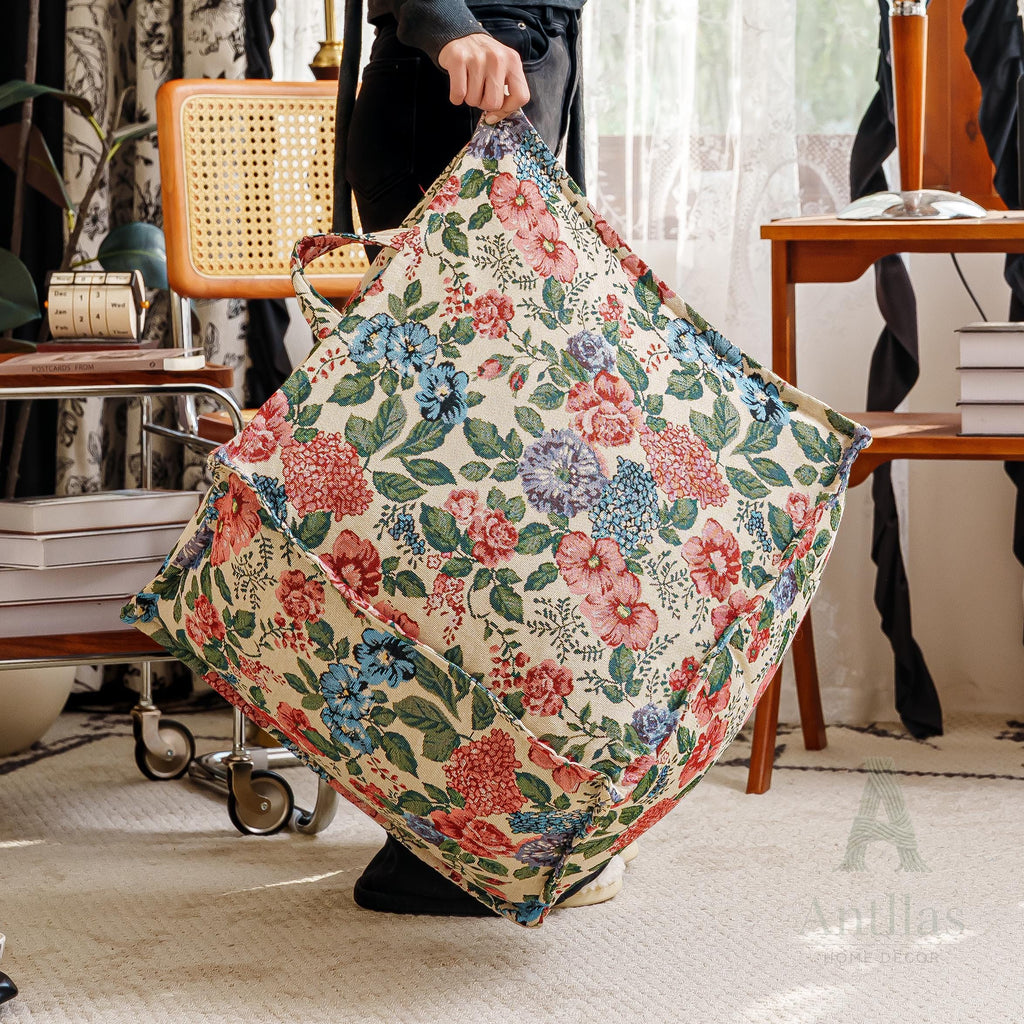 Retro Square Pouffe Cover, Bohemian Woven Ottoman, Storage Footstool, Handle, Non-Slip Base