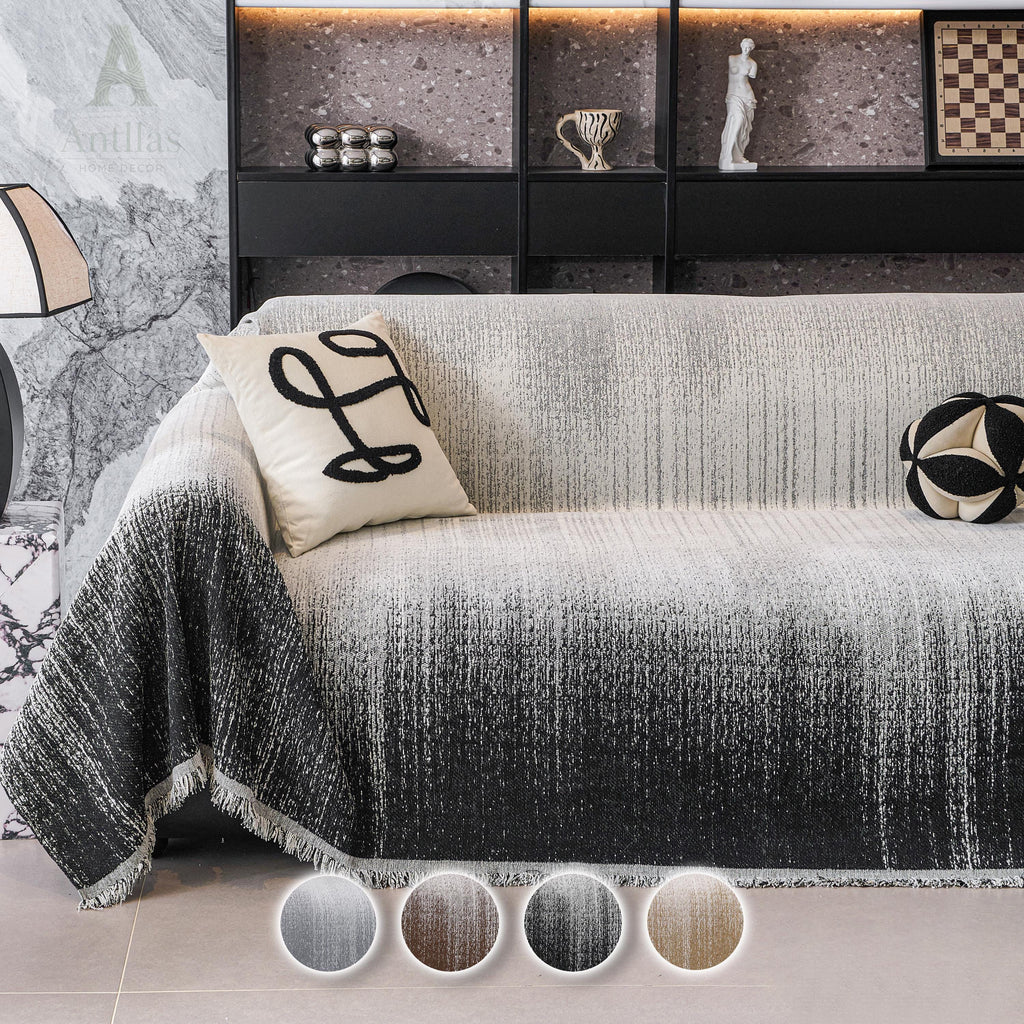 Gradient Chenille Sofa Throw, Heavyweight Couch Cover, Ombre Tassel Furniture Protector