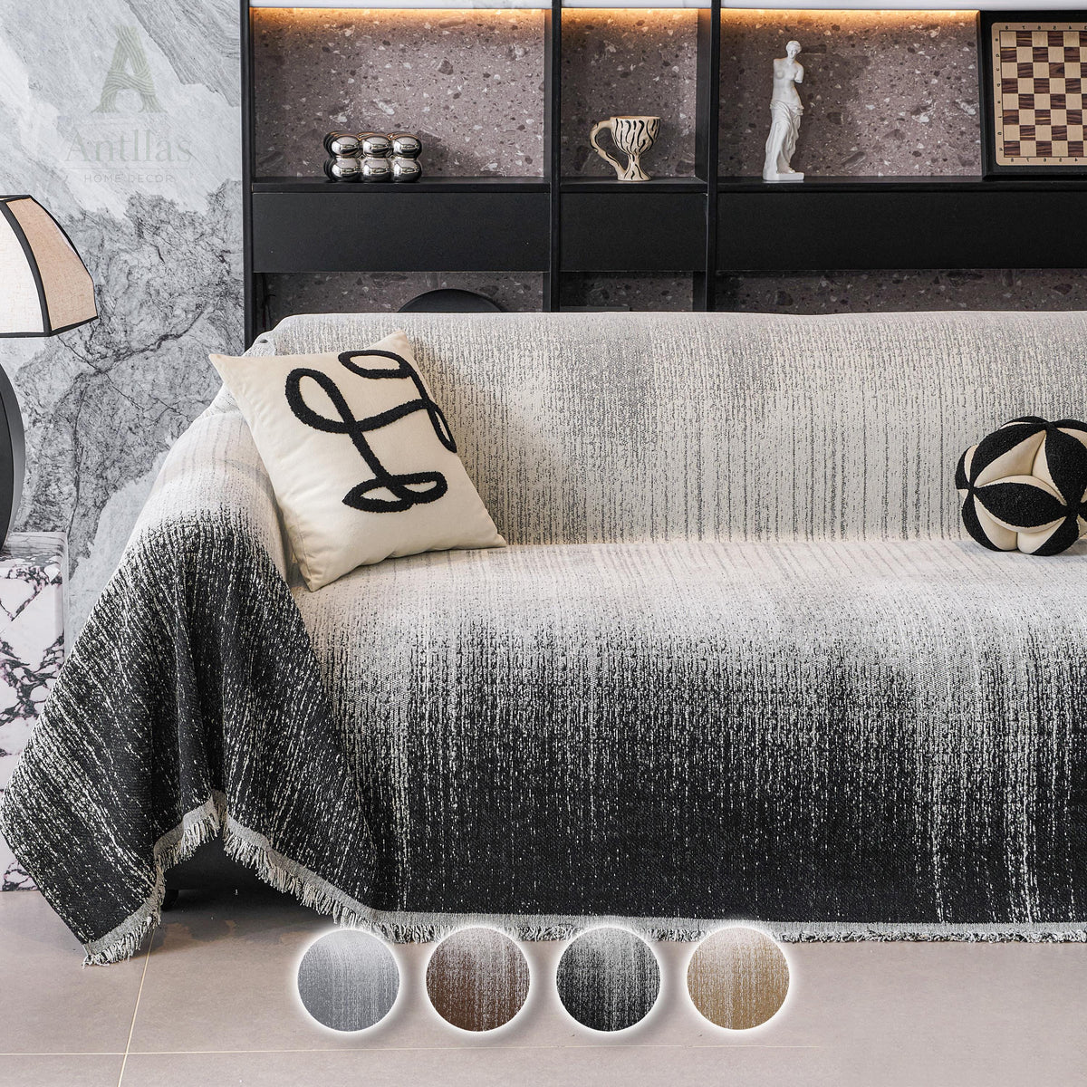 Gradient Chenille Sofa Throw, Heavyweight Couch Cover, Ombre Tassel Furniture Protector