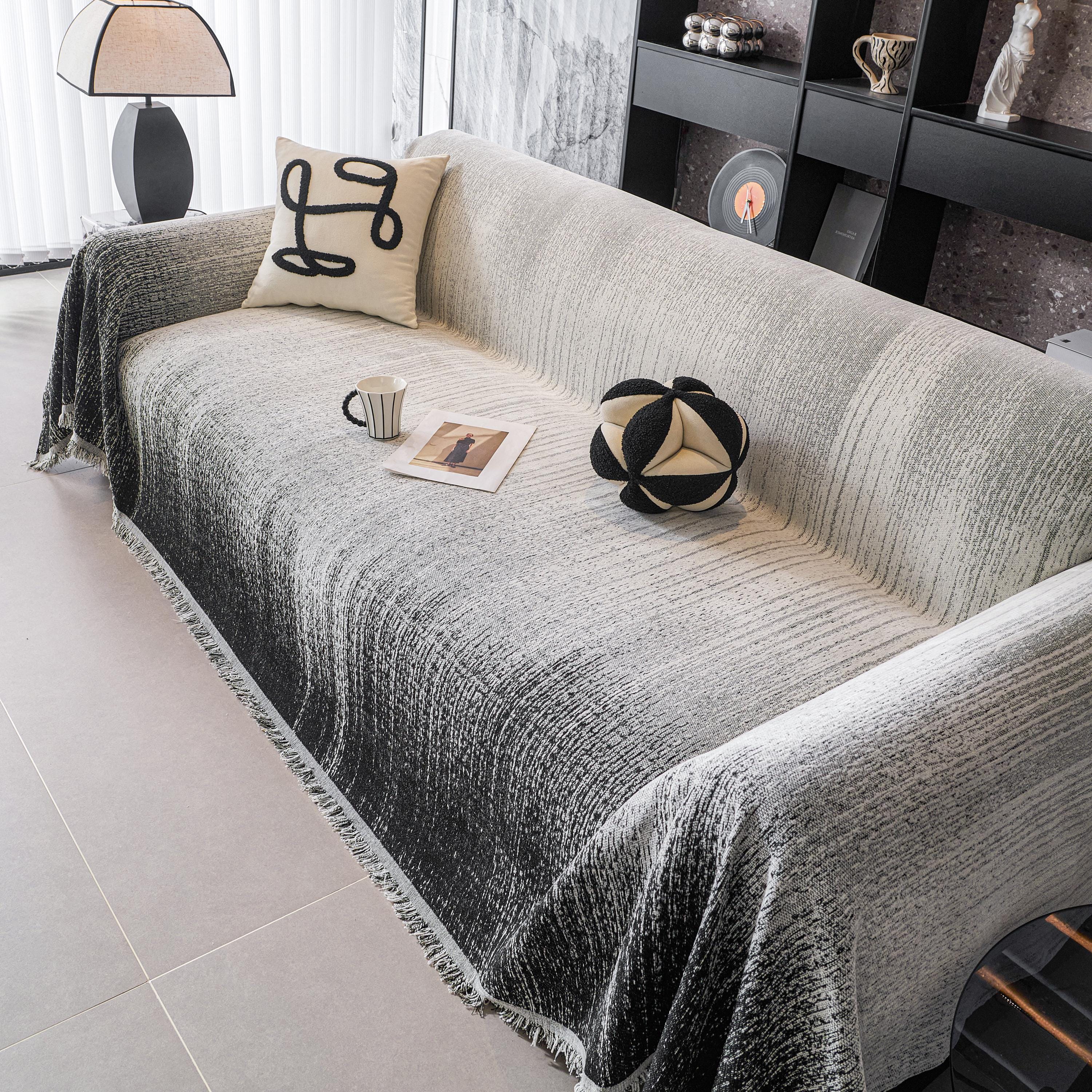 Gradient Chenille Sofa Throw, Heavyweight Couch Cover, Ombre Tassel Furniture Protector