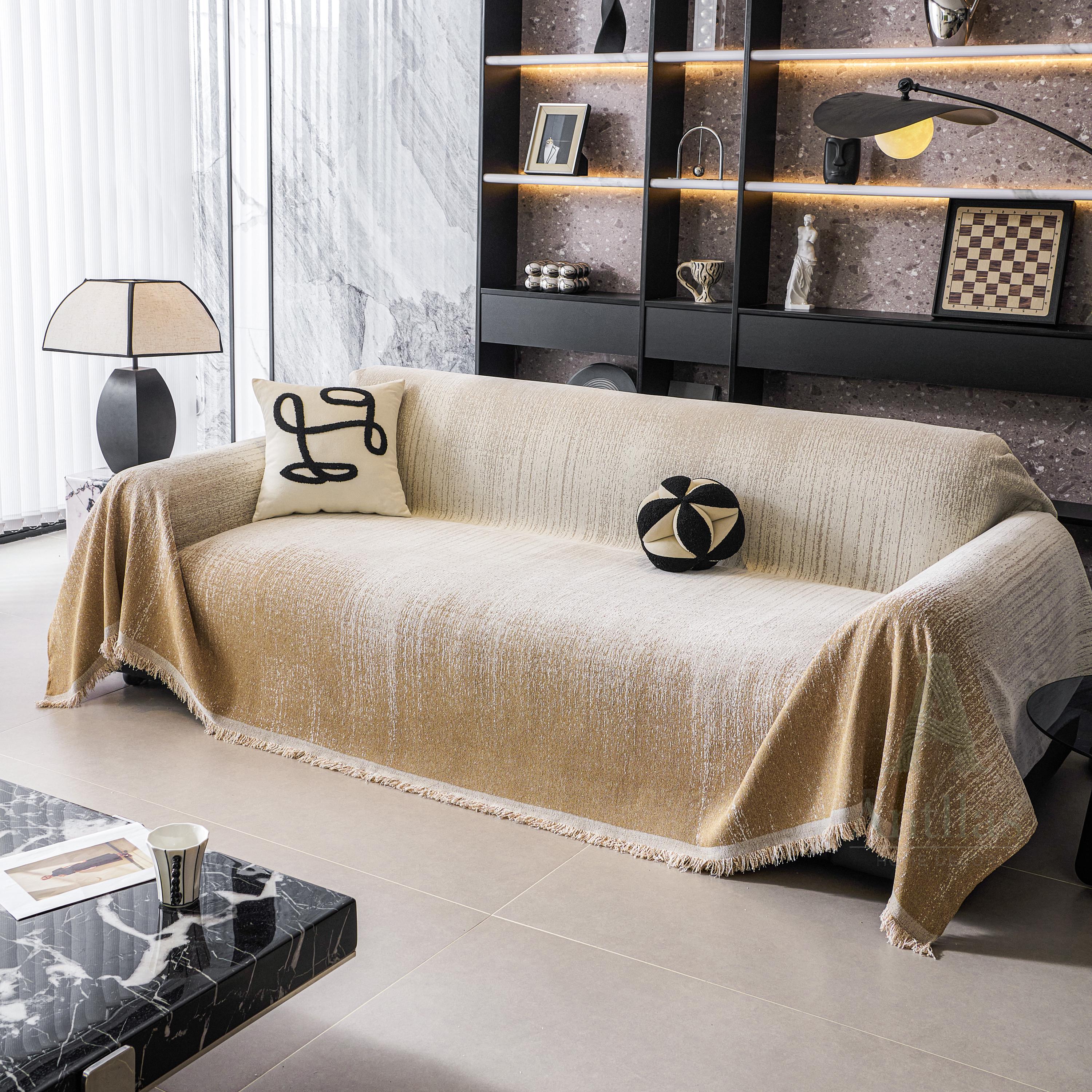 Gradient Chenille Sofa Throw, Heavyweight Couch Cover, Ombre Tassel Furniture Protector